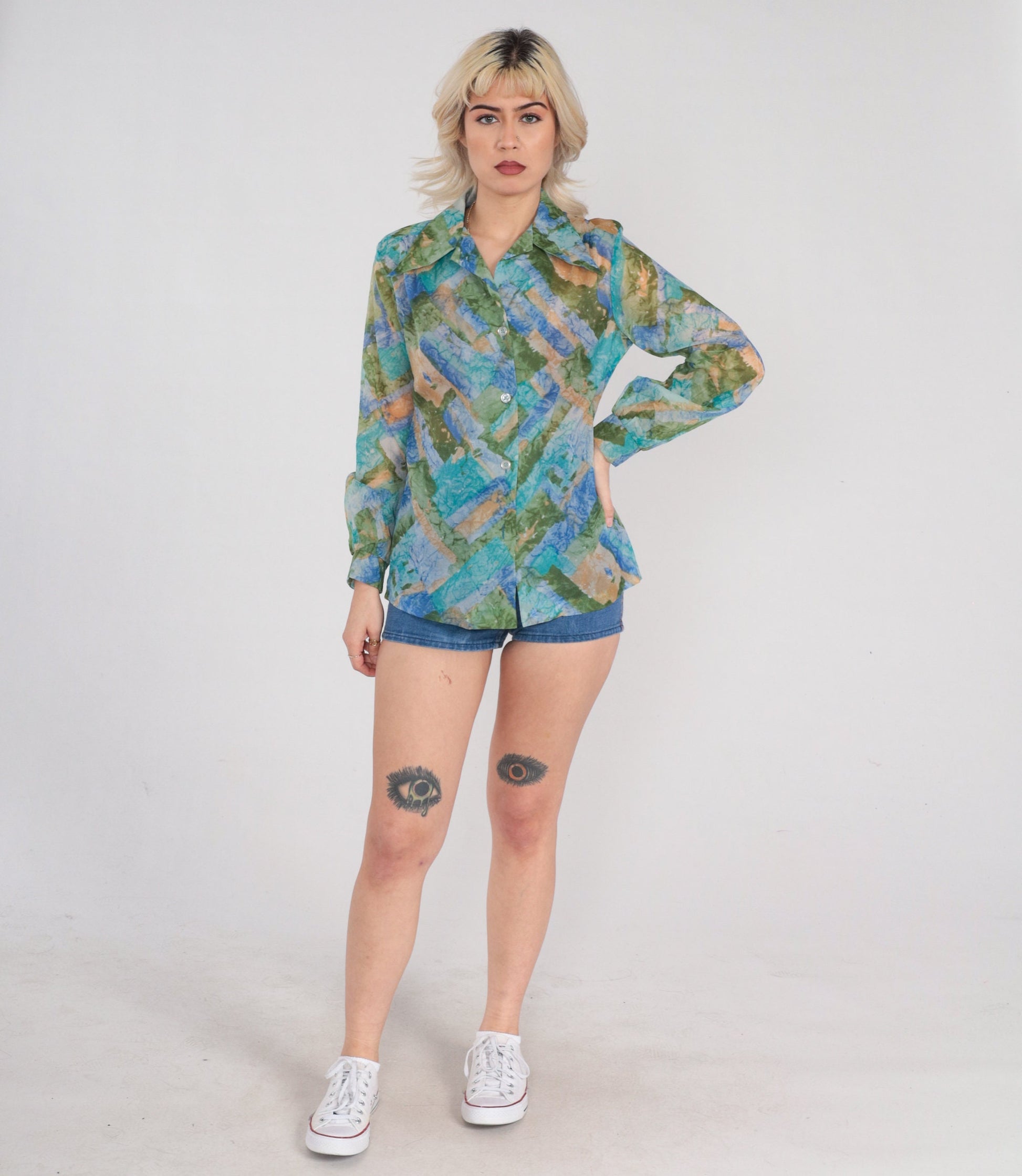 70s Sheer Dagger Collar Button Up Blouse Blue Green Abstract Print Small