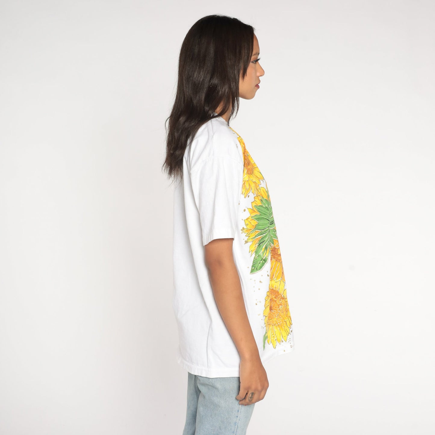 90s Sunflower Glitter Graphic T-Shirt White Cotton Tee Small