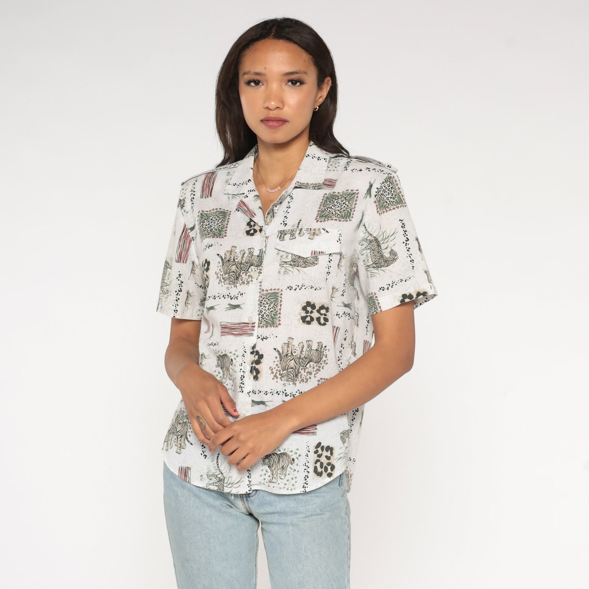 90s Safari Animal Print Button Up Shirt Leopard Tiger Jungle Blouse Small