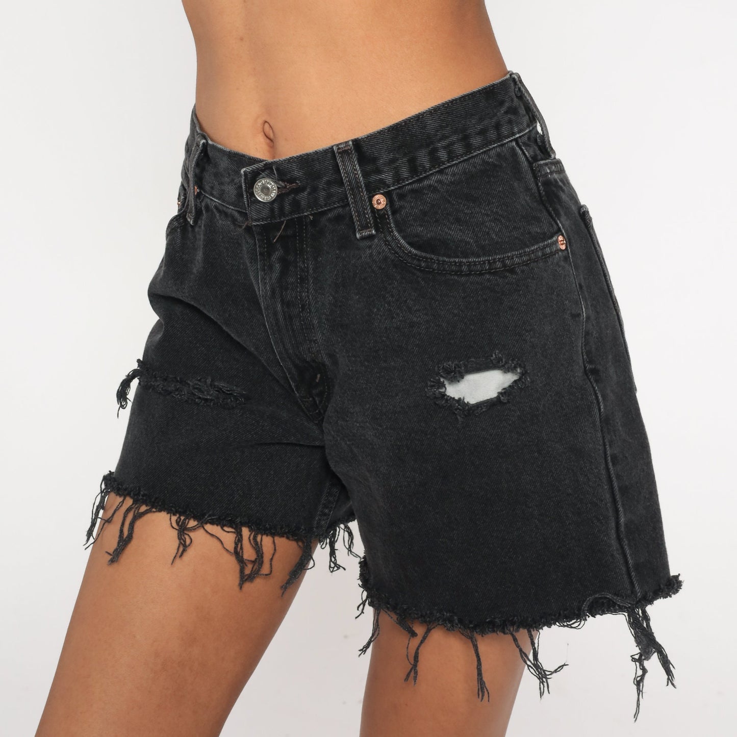 Y2K Levi's 550 Black Denim Cutoff Shorts Ripped Frayed Small