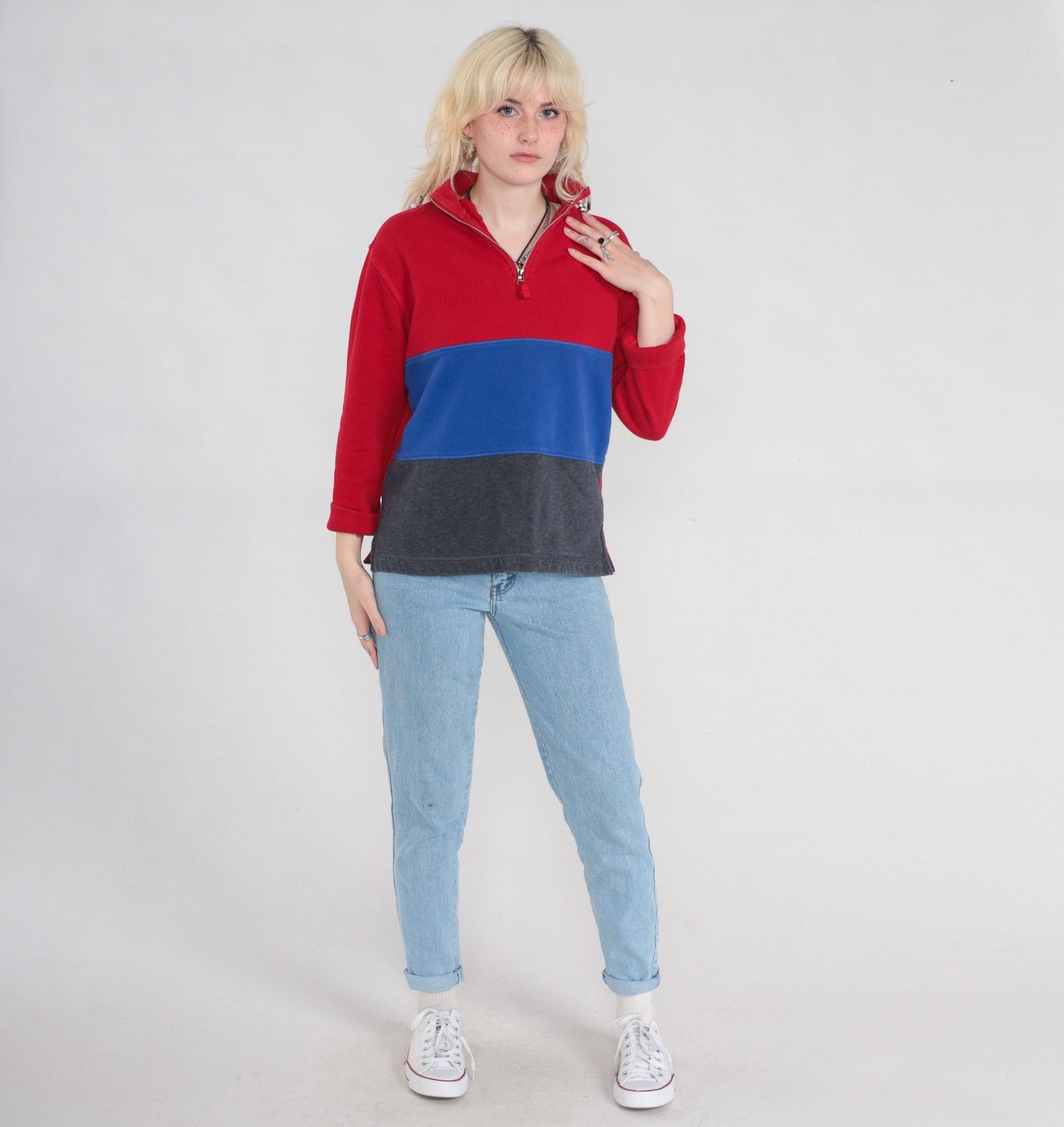 80s Pacers Quarter Zip Sweatshirt Striped Color Block Red Blue Grey Small