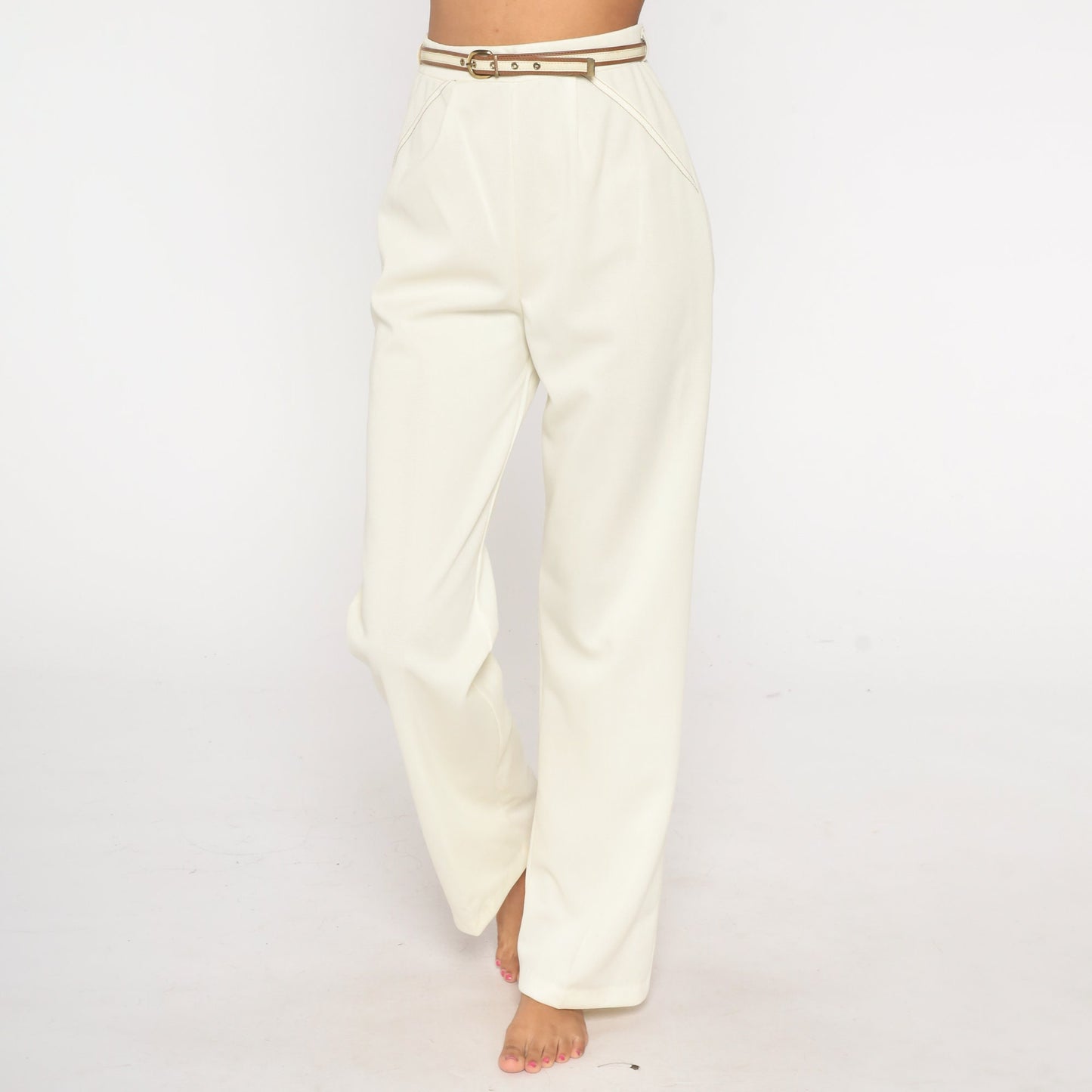 70s White High-Rise Straight Leg Trousers with Belt Medium