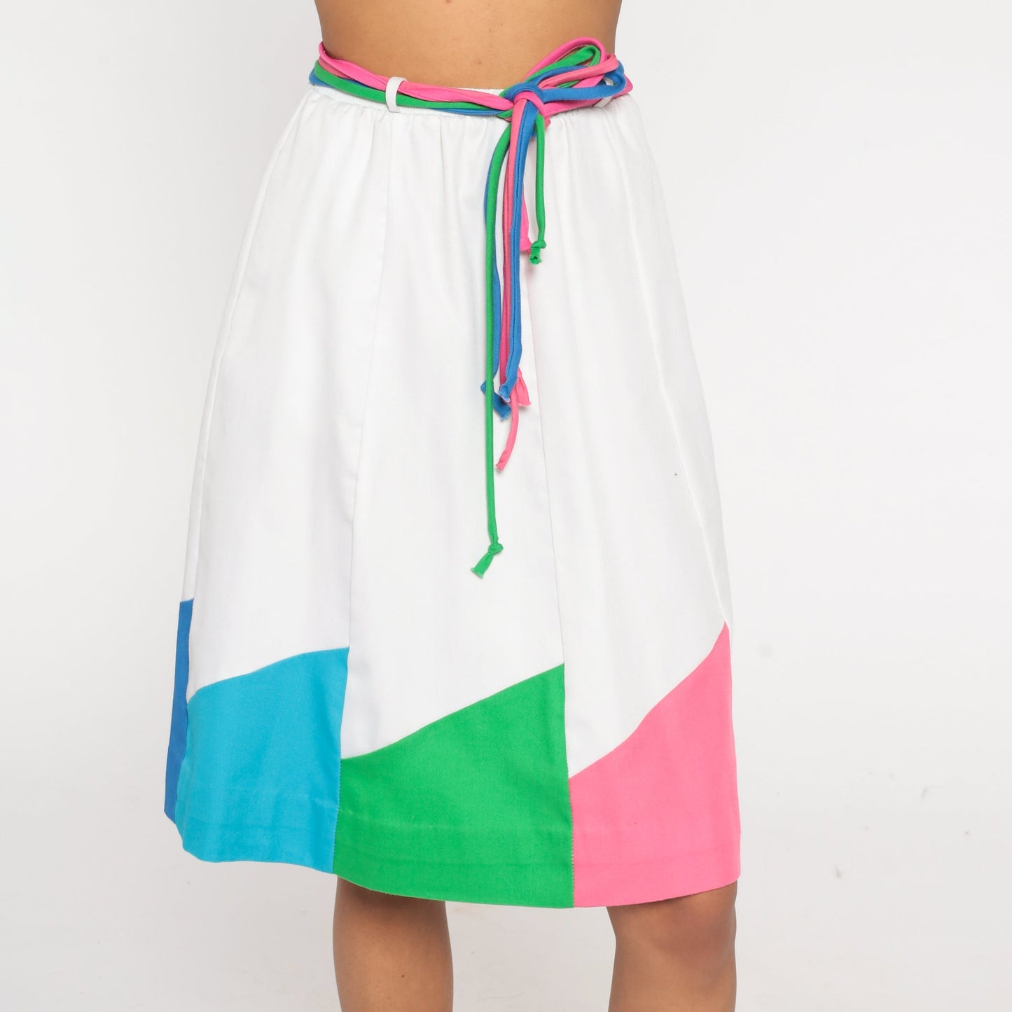 80s Color Block A-Line Skirt White Pink Blue High Waist Belted Pockets Extra Small