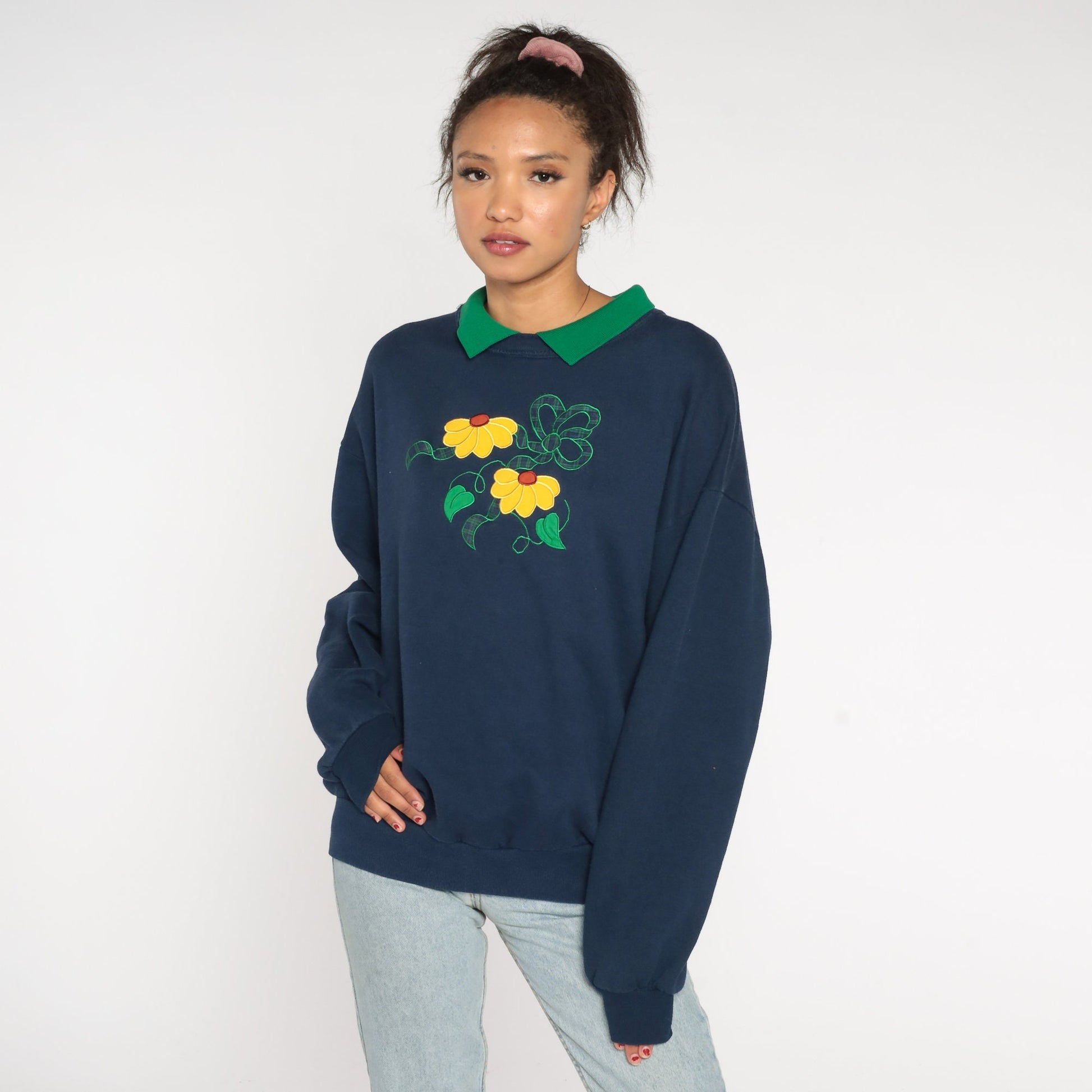 90s Jerzees Collared Floral Sweatshirt Navy Blue Black Eyed Susan Extra Large XXL