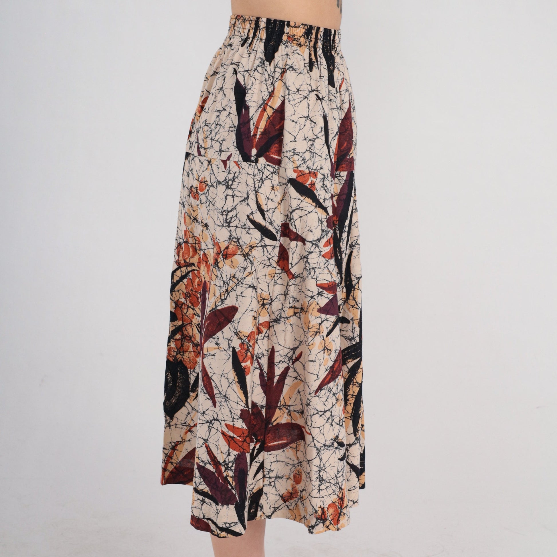 80s Tan Floral Leaf Print Midi Skirt Button Front High Waist Small Medium