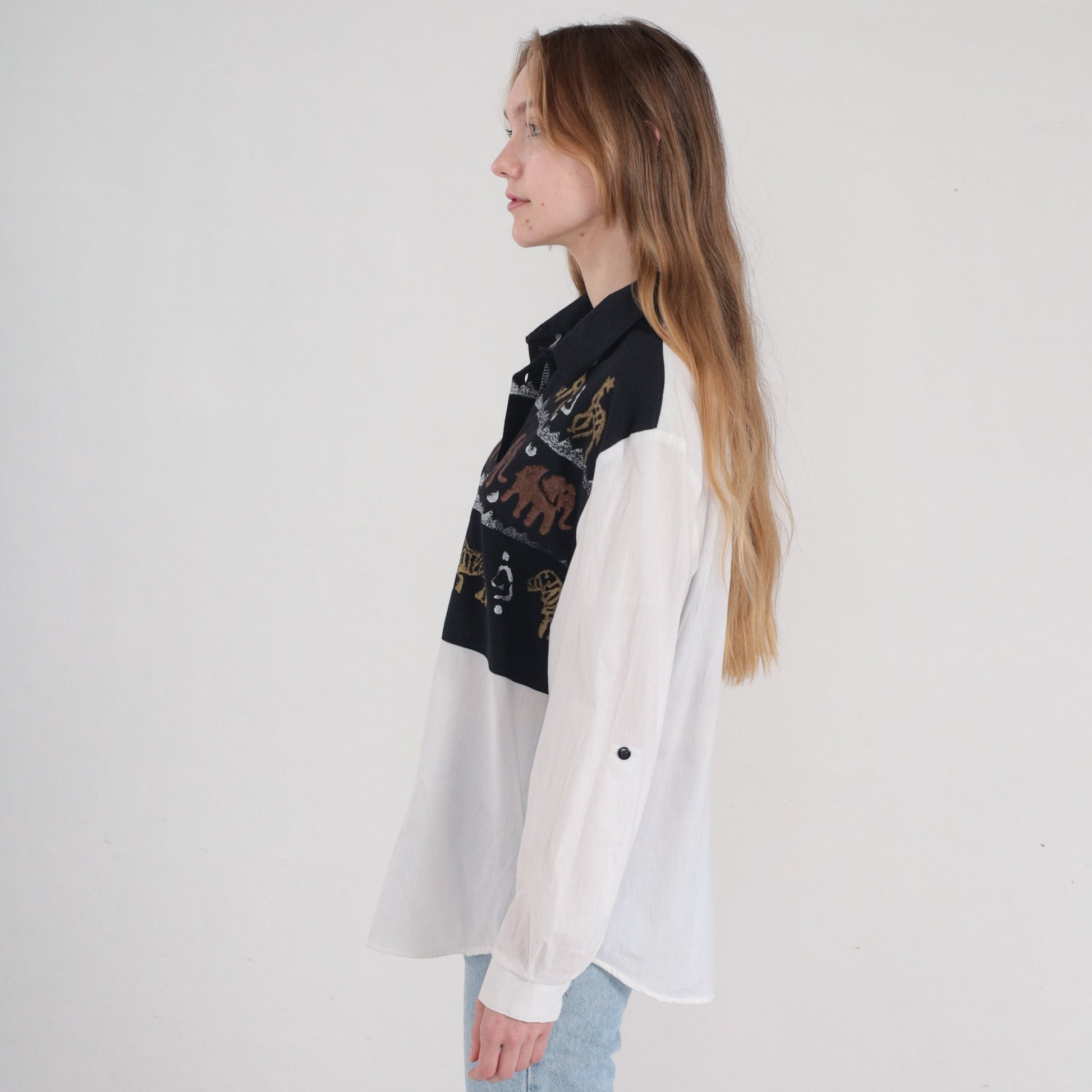 90s Safari Animal Button-Up Blouse White Glitter Giraffe Elephant Zebra Large L