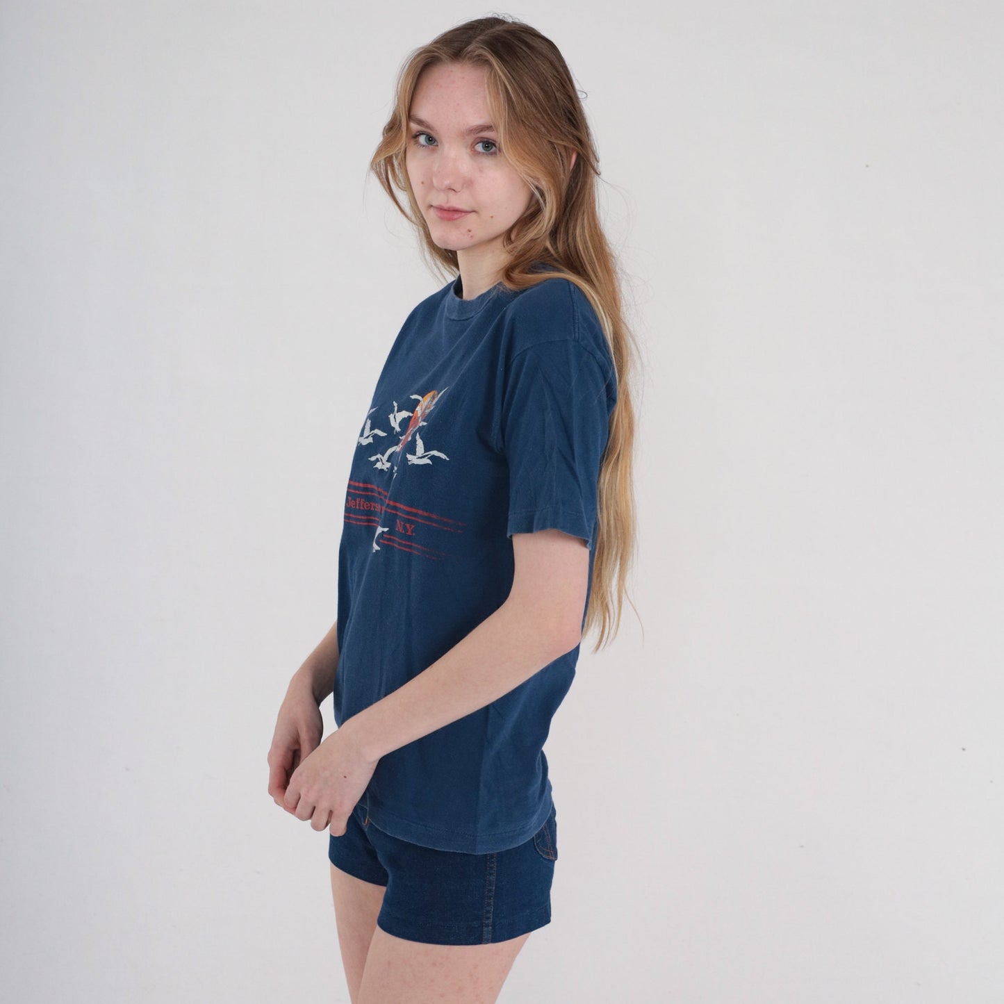 80s Port Jefferson New York Seagull Sunset Graphic T-Shirt Navy Single Stitch Small