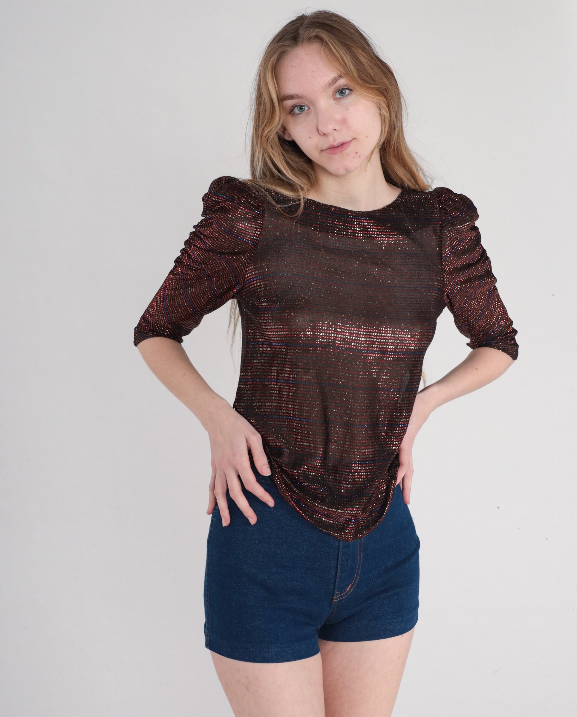 80s Metallic Striped Puff Sleeve Blouse Semi-Sheer Red Blue Black Gold Extra Small