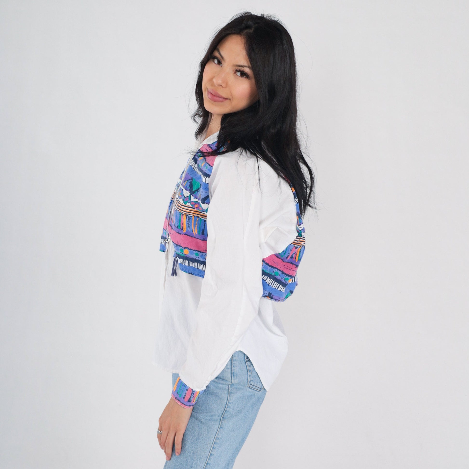 90s Southwestern Button-Up Blouse White Concho Yoke Layered Print Medium