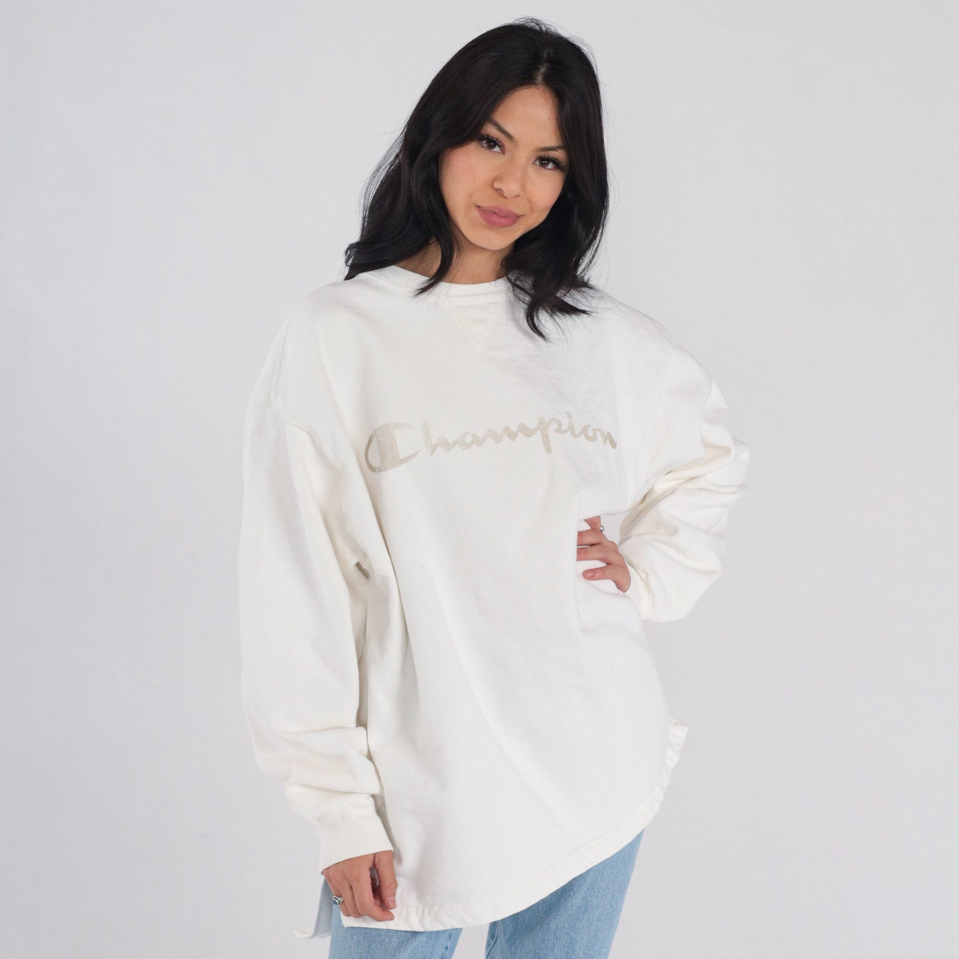 Y2K Champion Logo Long Sleeve T-Shirt White Cotton Graphic Tee Extra Large XXL