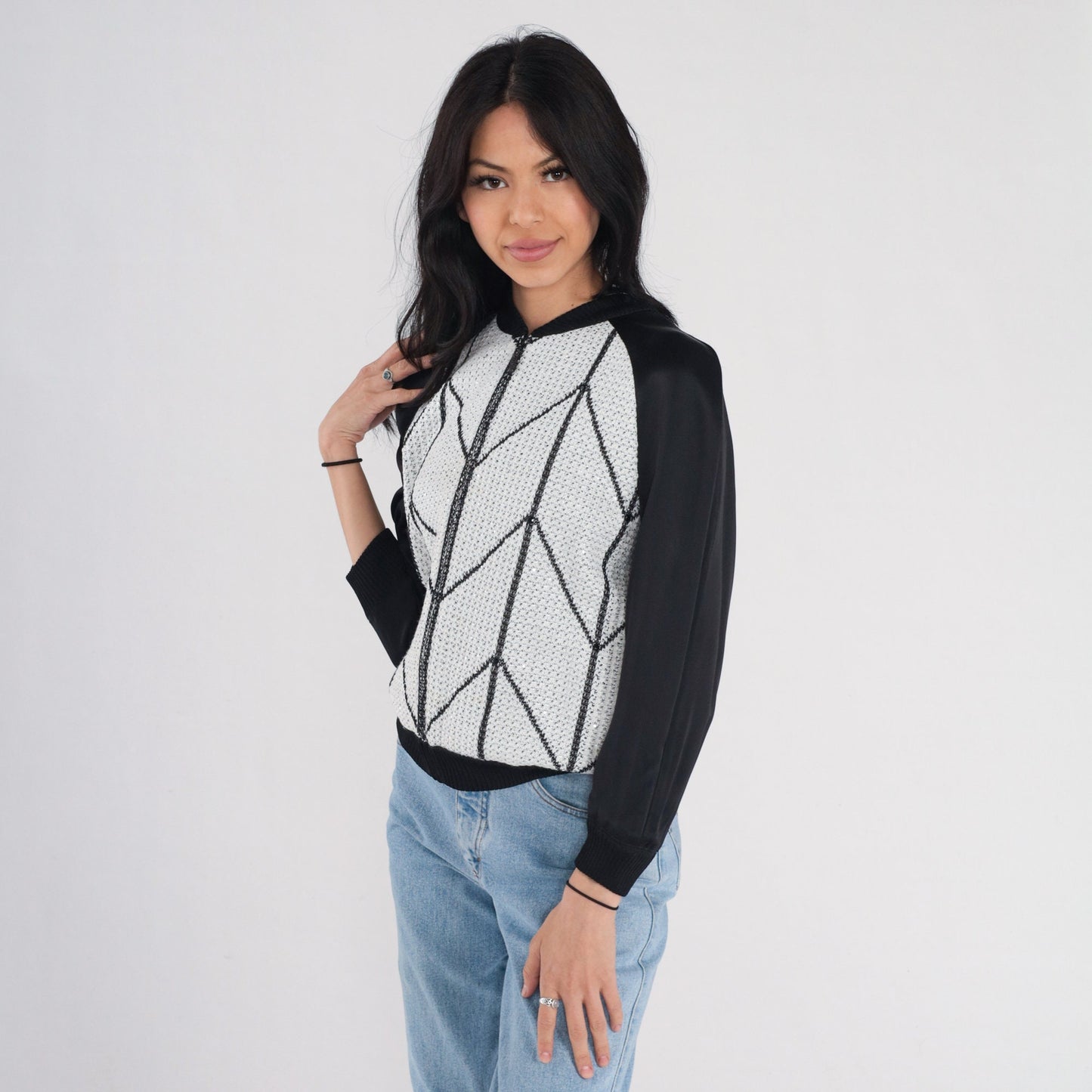 St John Couture Y2K Zip Cardigan Black White Chevron Sequin Silk Blend Small S