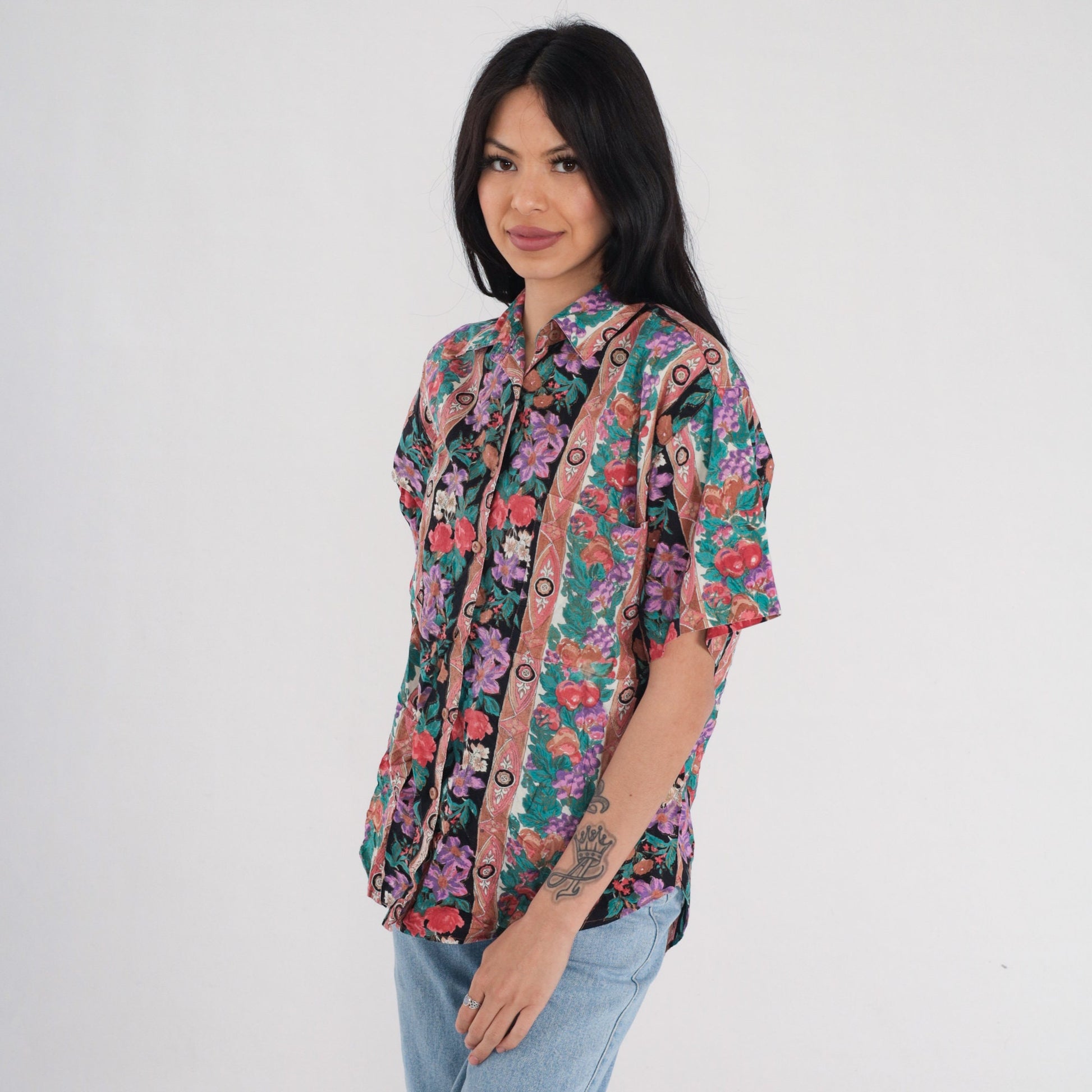 90s Striped Floral Fruit Print Cotton Button-Up Blouse Short Sleeve Small