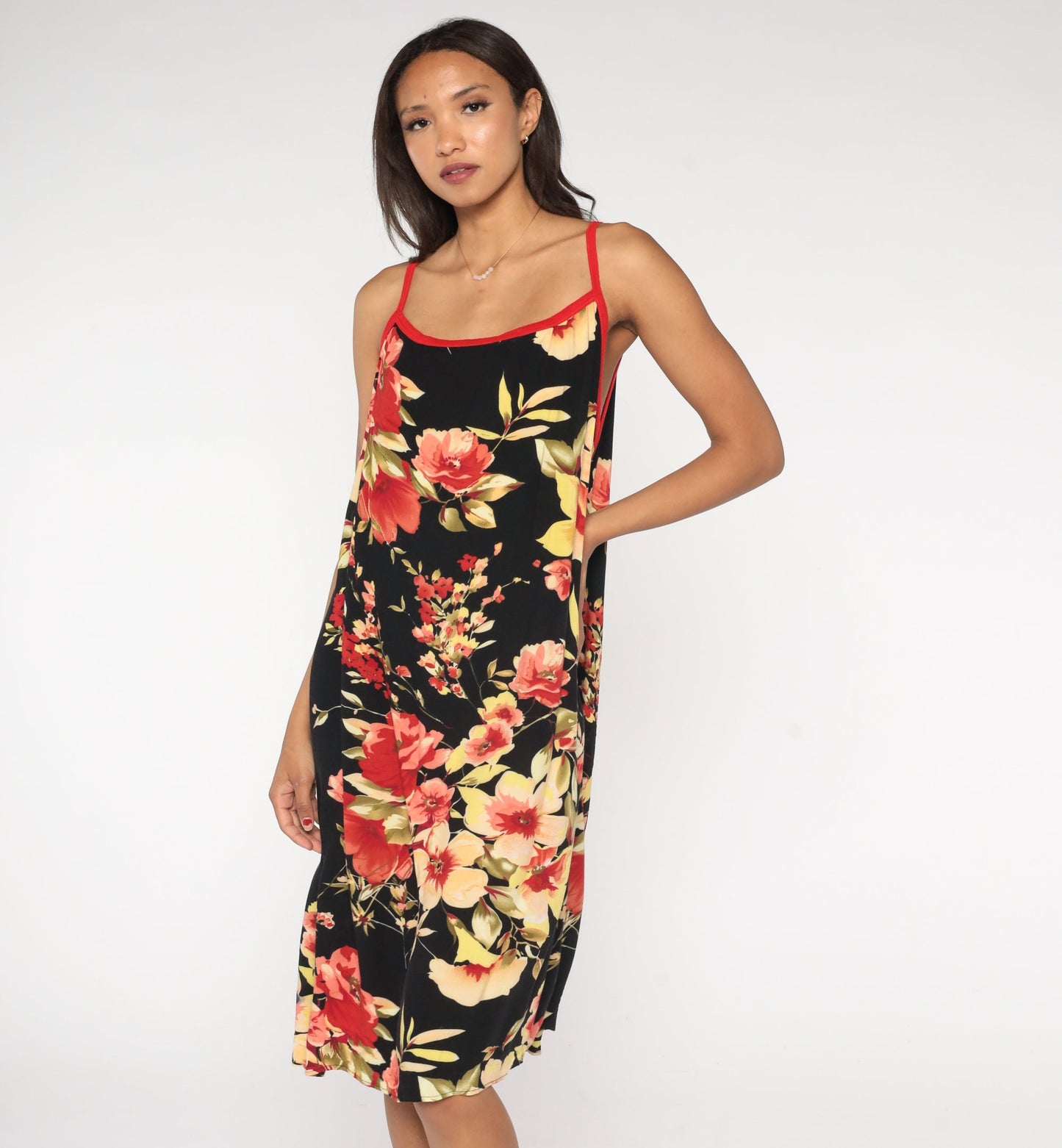 Y2K Hawaiian Floral Midi Dress Black Spaghetti Strap Tropical Print Large L