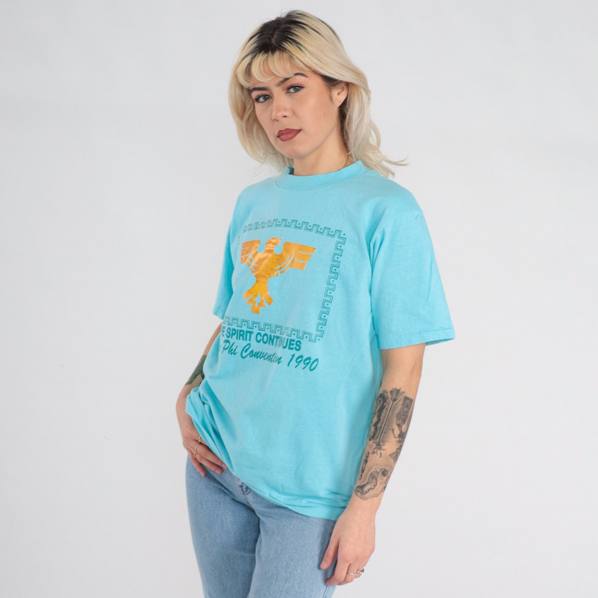 Alpha Phi Convention 1990 Sorority T-shirt Metallic Gold Phoenix Blue Medium