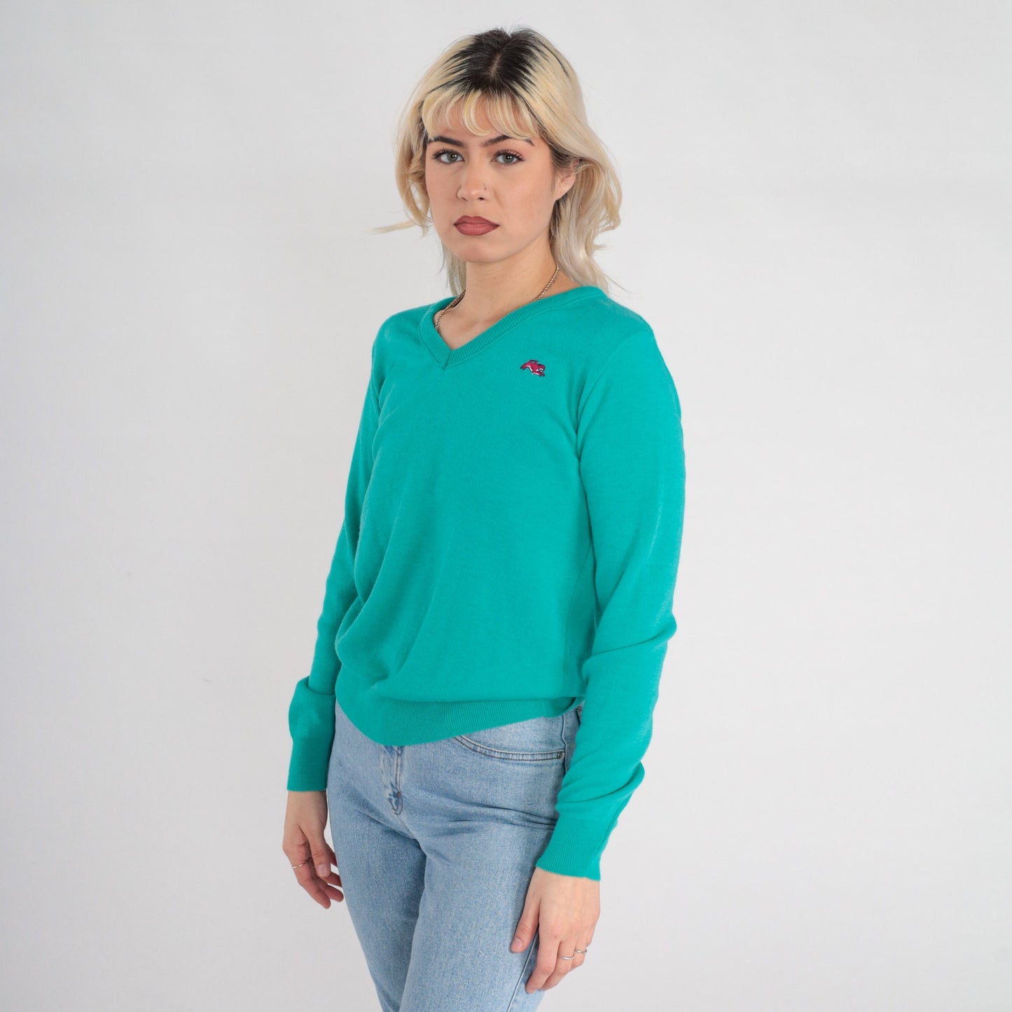 80s Garan Cat Logo V-Neck Knit Sweater Green Medium