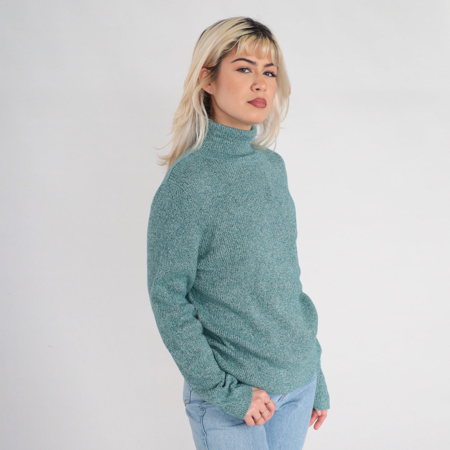00s Green Flecked Ribbed Knit Turtleneck Cotton Long Sleeve Extra Large XL