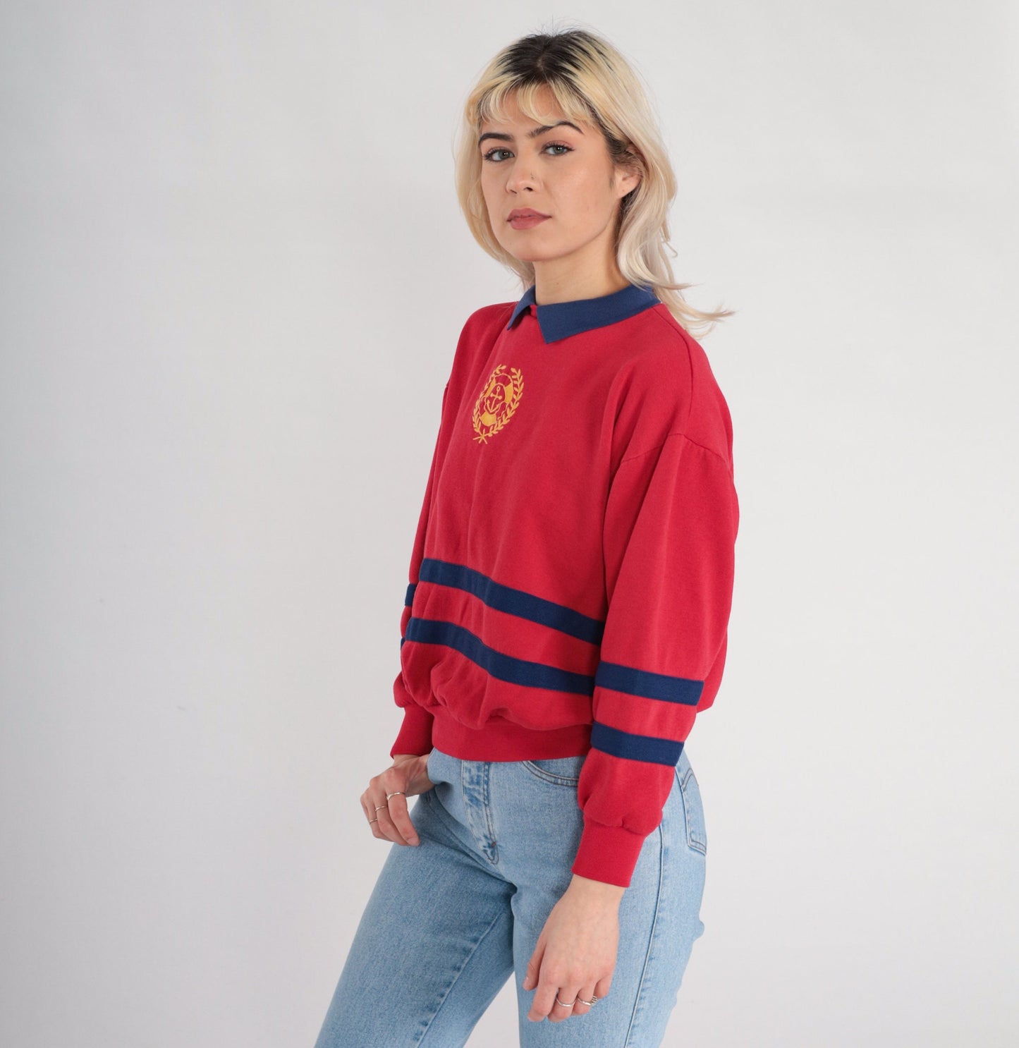 90s Red Anchor Nautical Collared Sweatshirt Blue Striped Pullover Small S