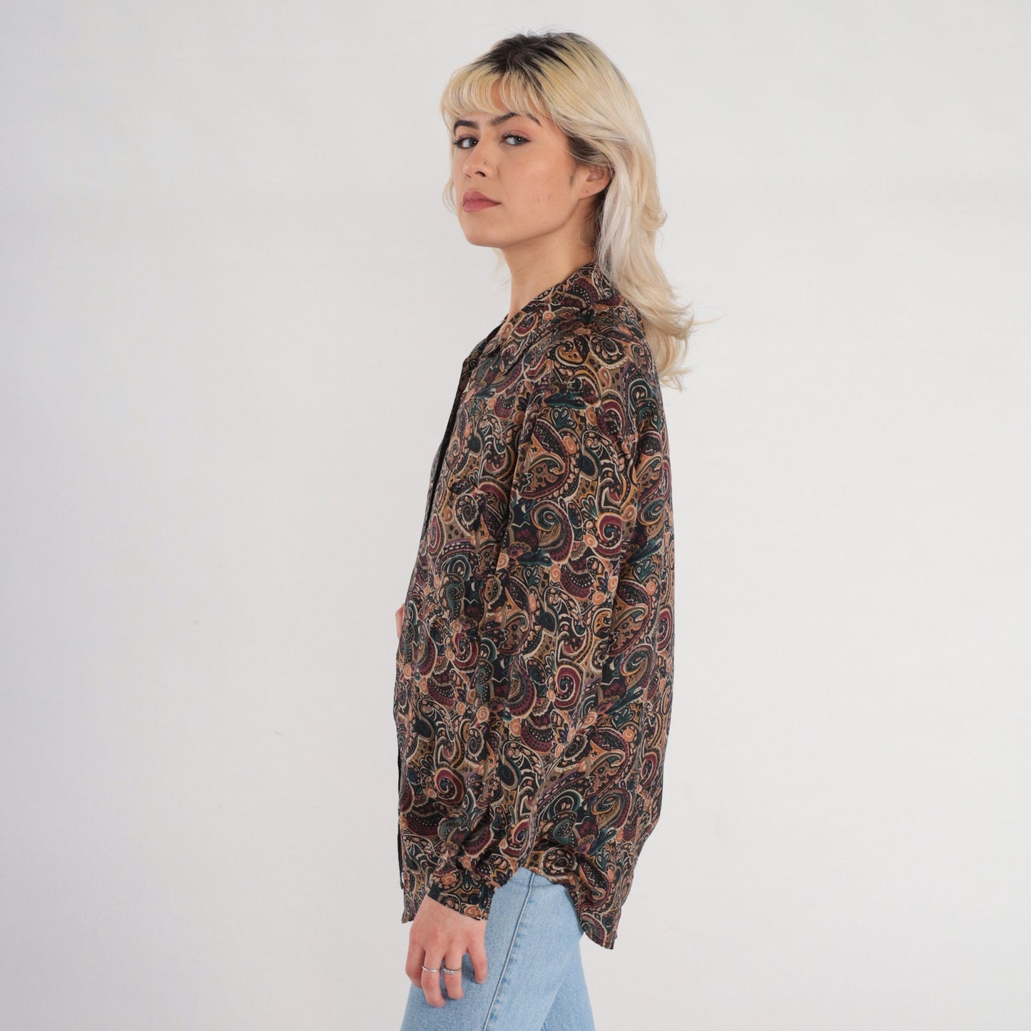 90s Silk Button-Up Blouse Abstract Paisley Swirl Print Brown Long Sleeve Small S