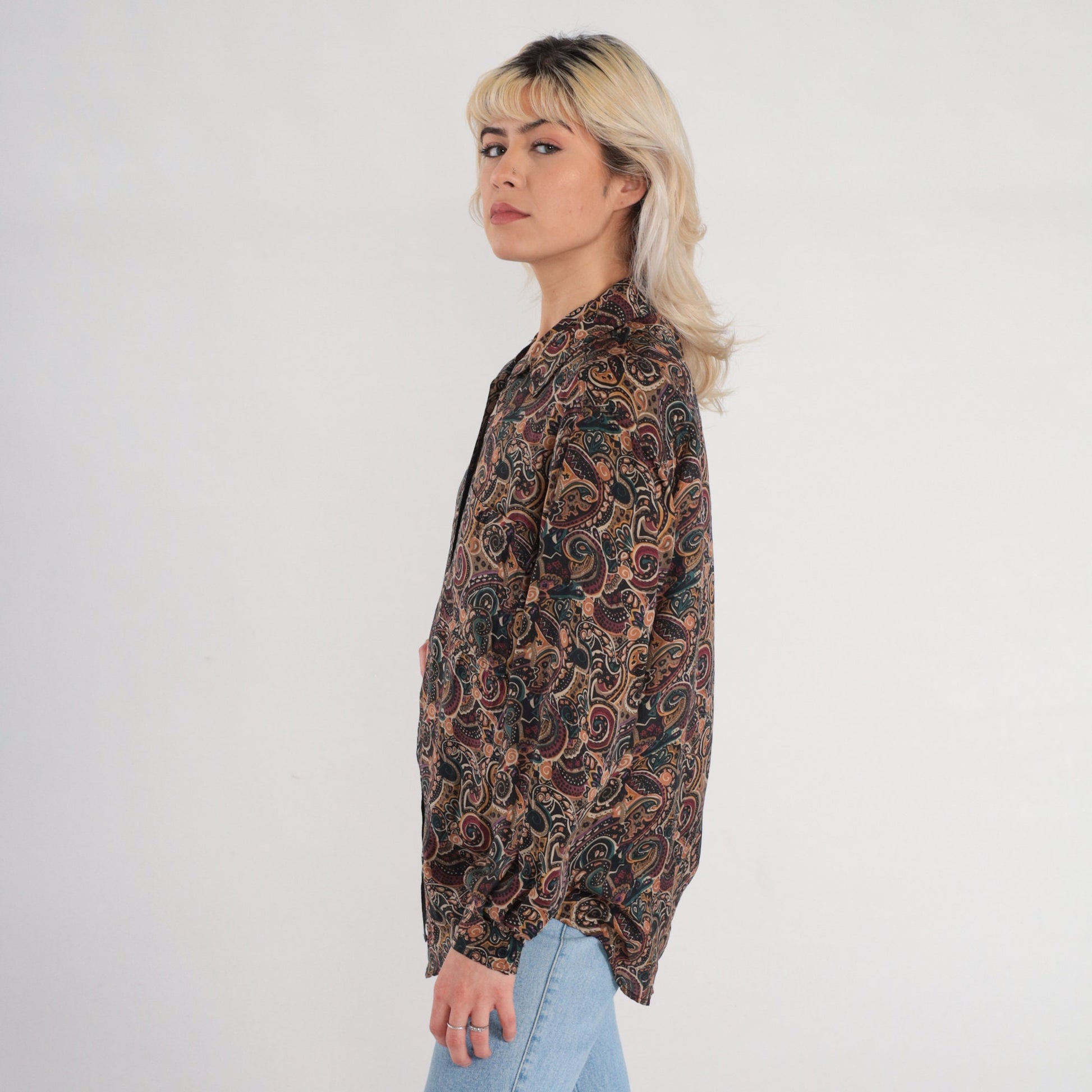 90s Silk Button-Up Blouse Abstract Paisley Swirl Print Brown Long Sleeve Small S