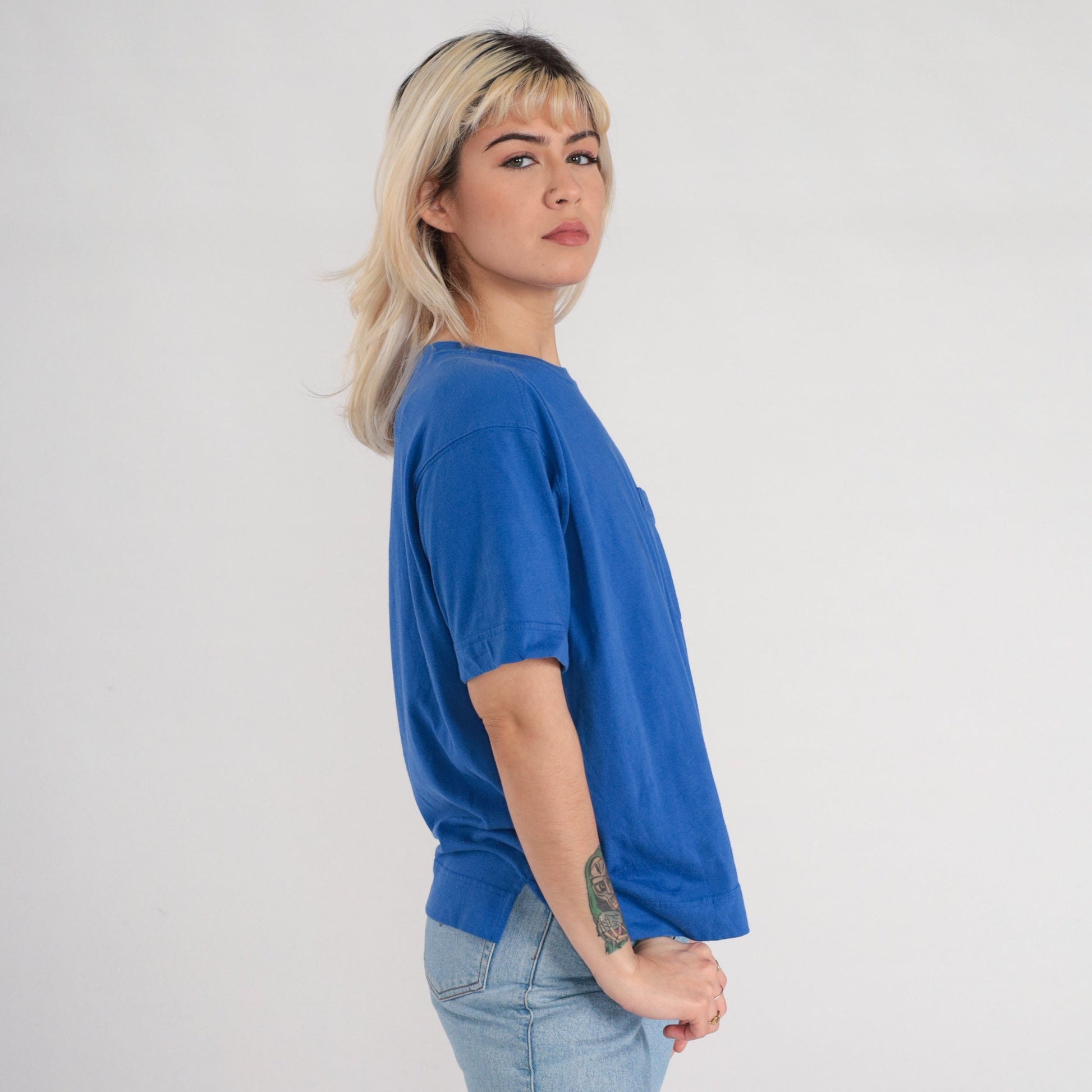 90s Blue Pocket T-Shirt Cotton Blend Short Sleeve Tee Side Slits Large L
