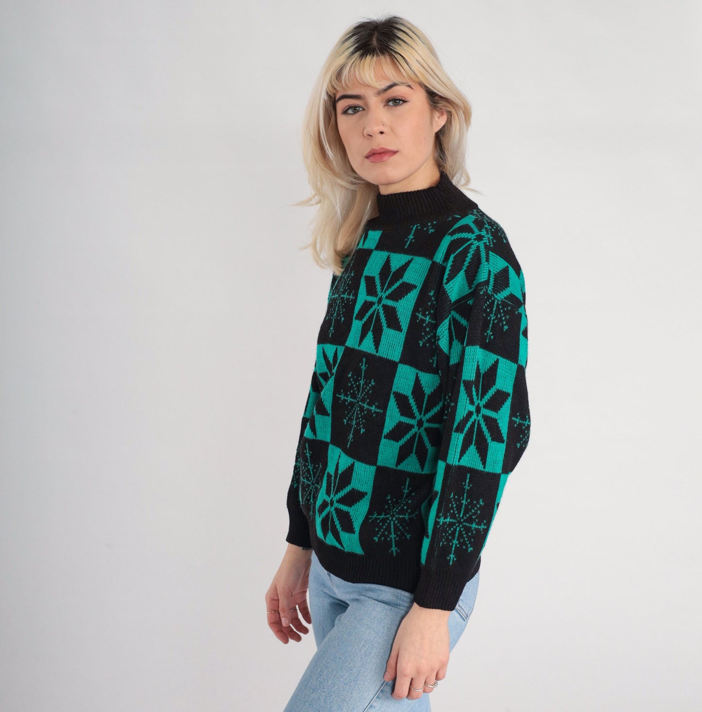 80s Snowflake Mock Neck Sweater Black Green Checkered Knit Pullover Small
