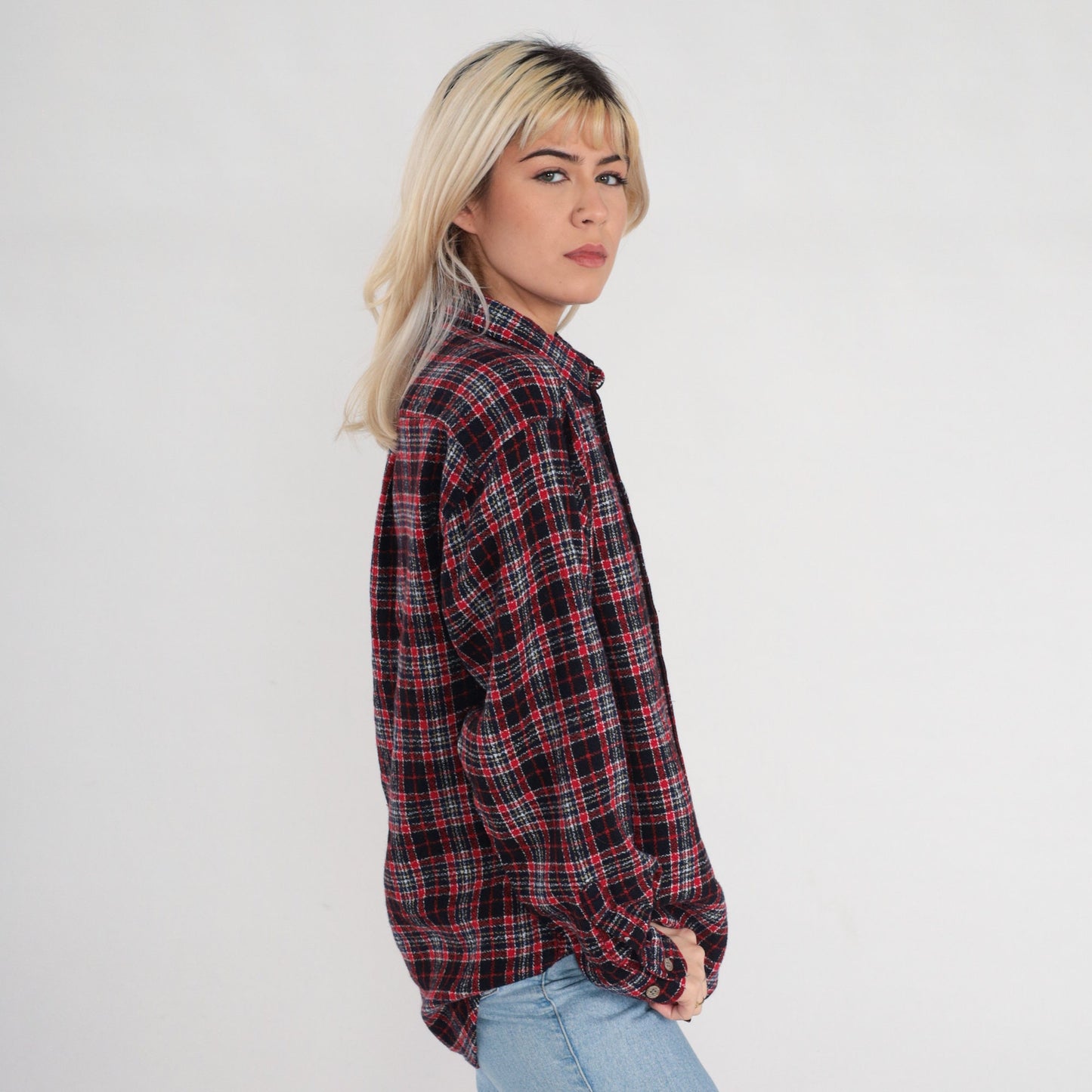 90s Red Plaid Flannel Button-Up Shirt Cotton Long Sleeve Large L