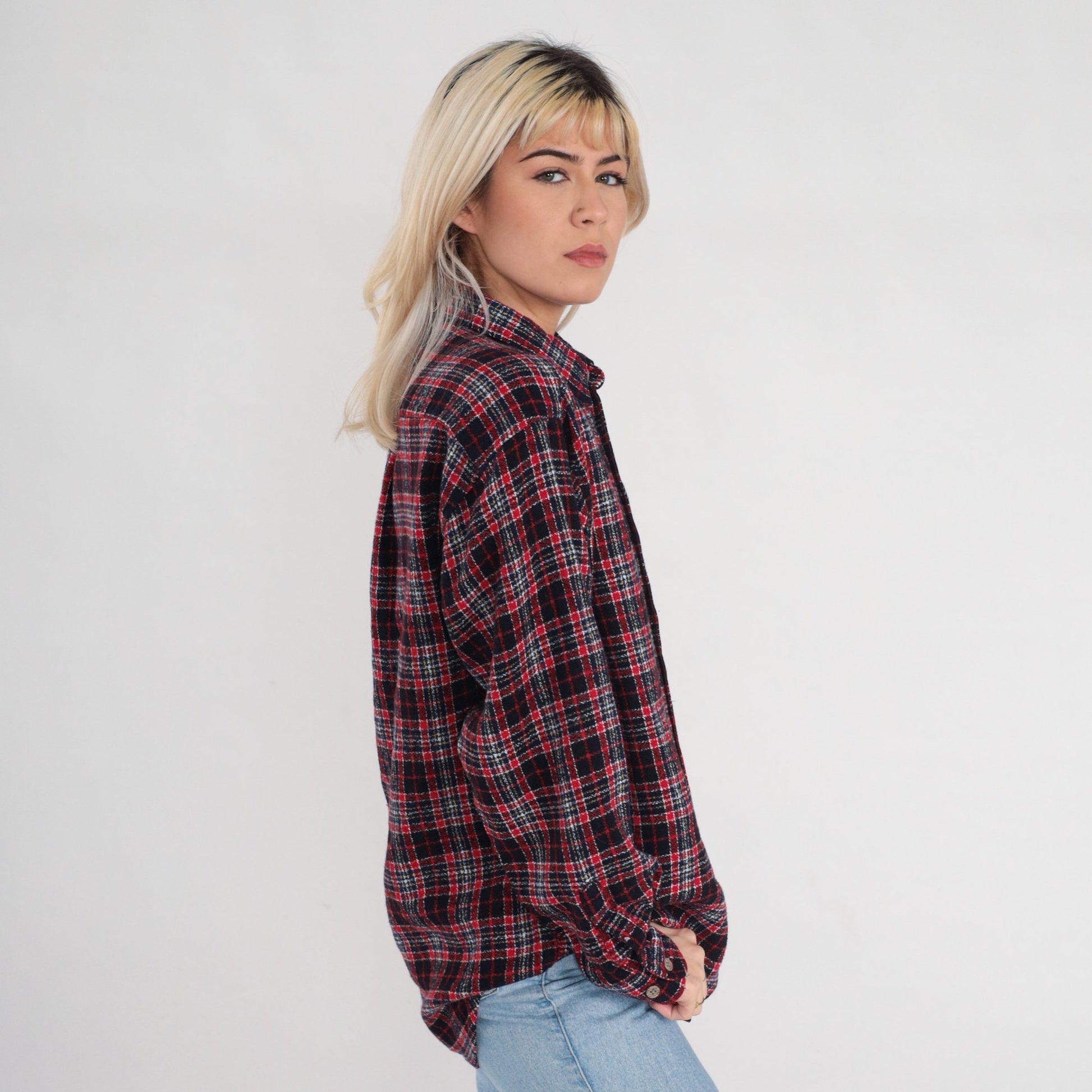 90s Red Plaid Flannel Button-Up Shirt Cotton Long Sleeve Large L