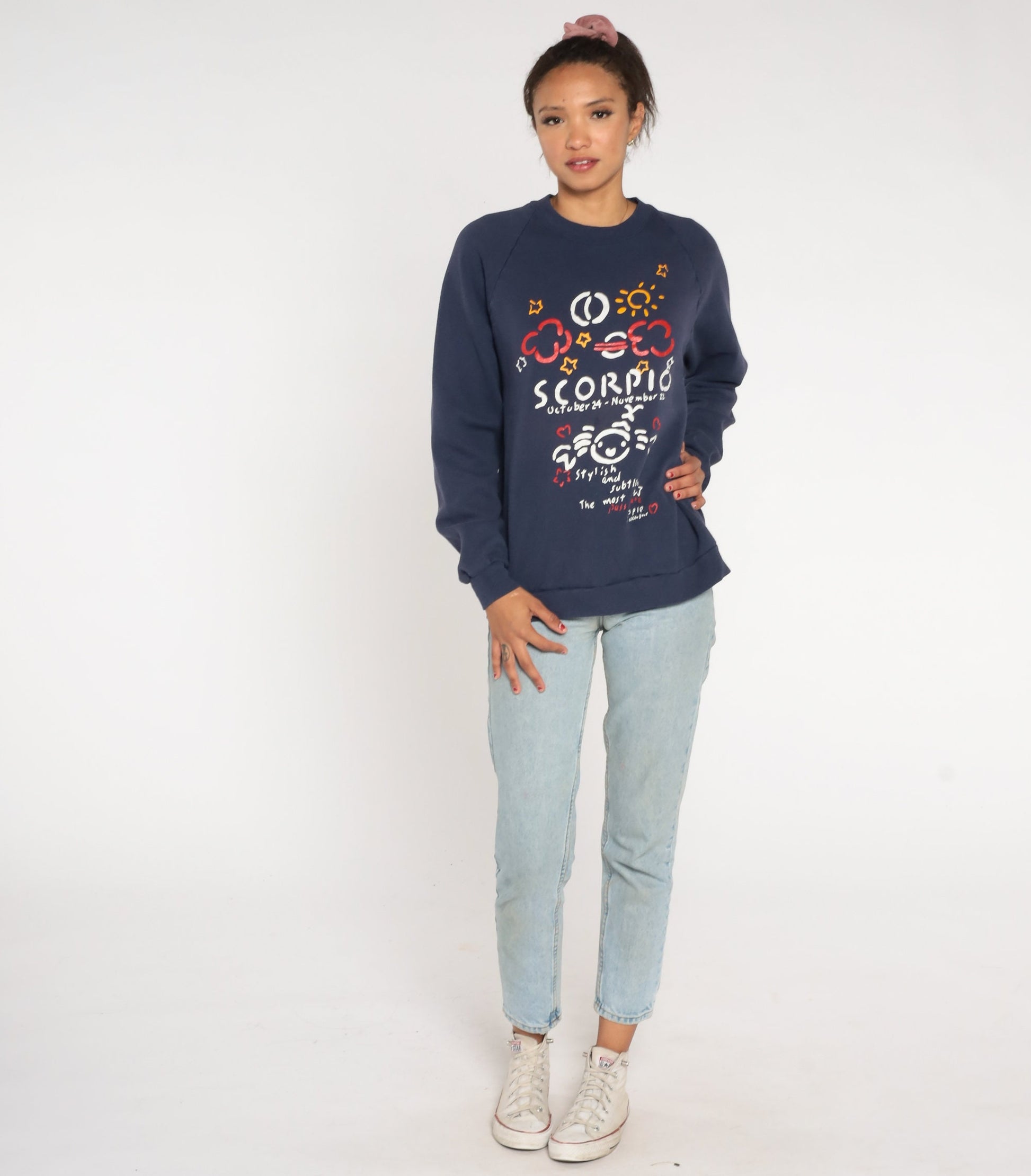 90s Ken Done Scorpio Zodiac Astrology Sweatshirt Navy Raglan Medium