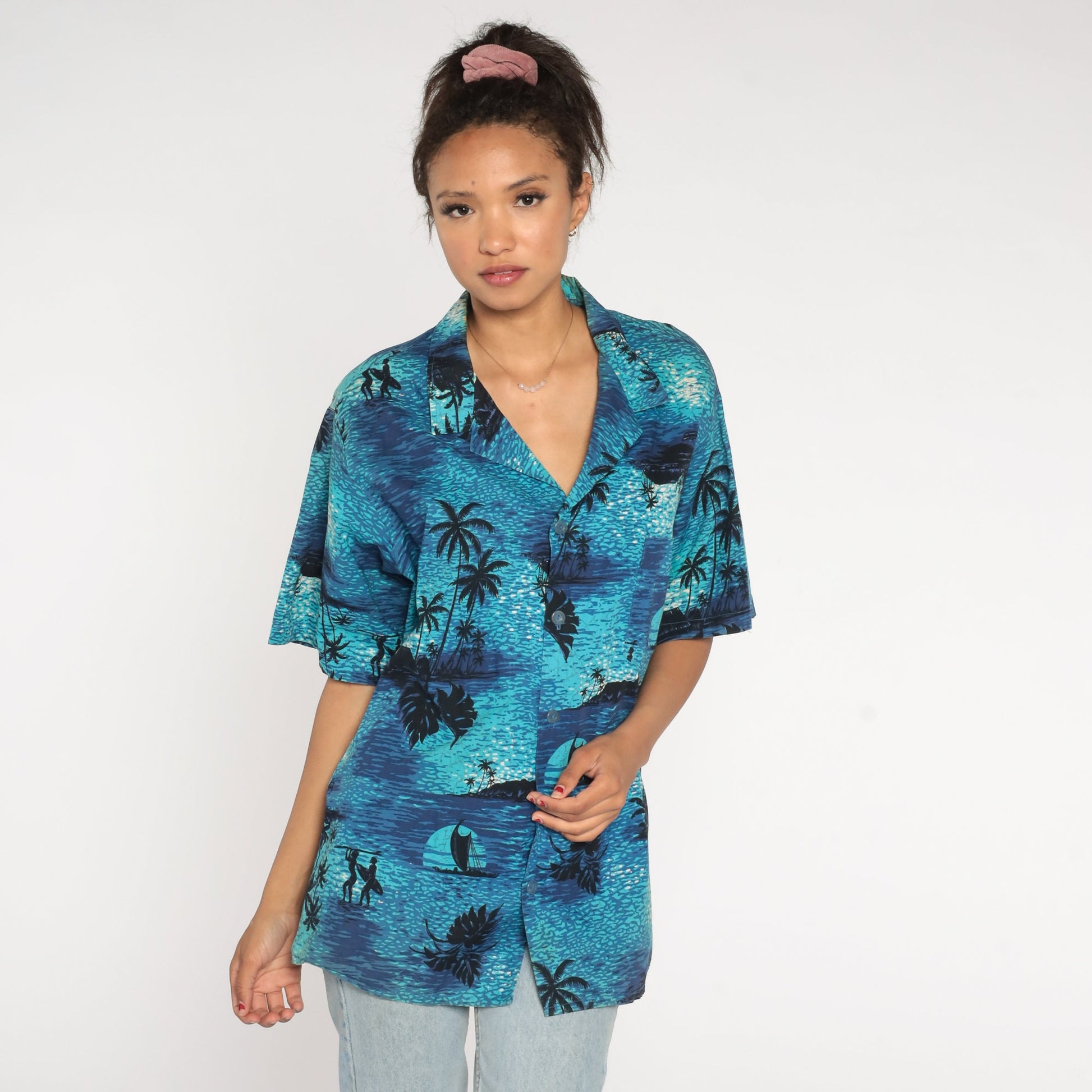 80s Tropical Surfer Shirt Blue Cotton Button Up Palm Tree Graphic Extra Large
