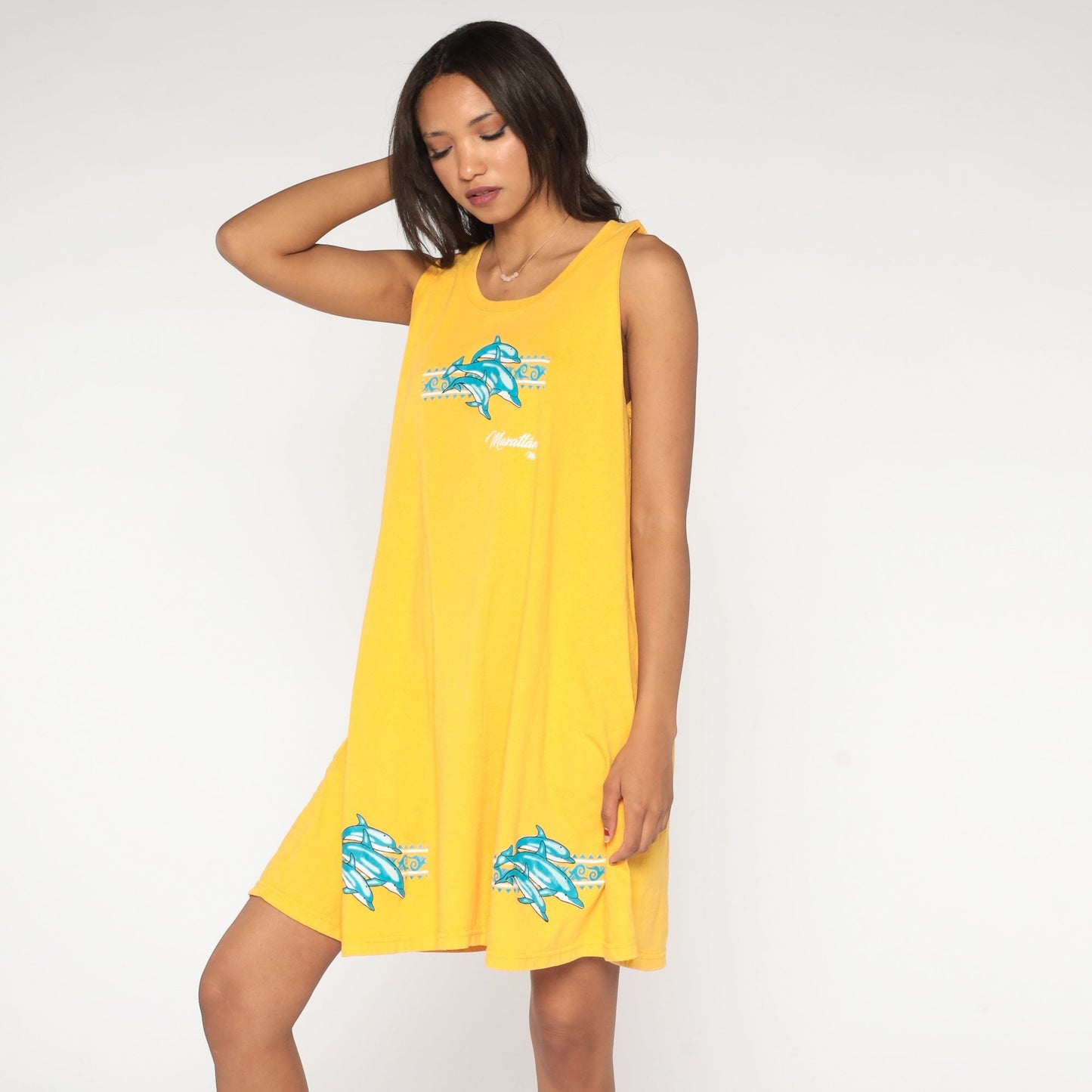 90s Mazatlan Dolphin Tank Dress Yellow Shift Mini Coverup Medium Large