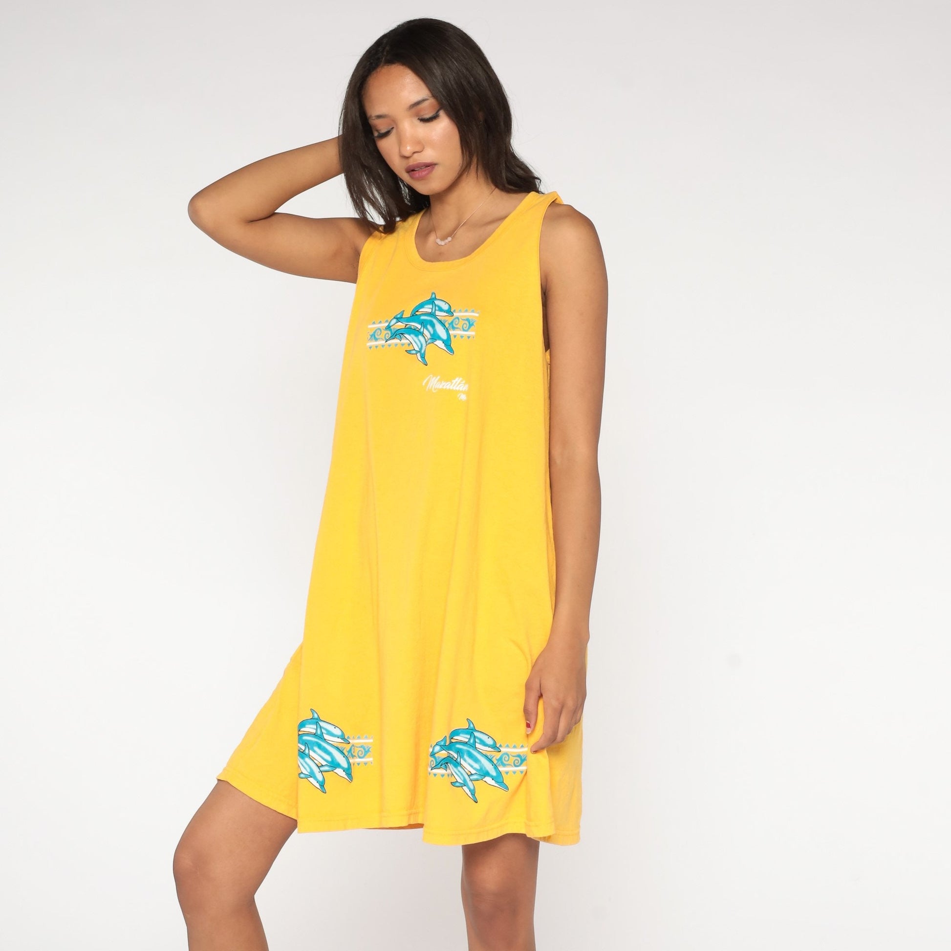 90s Mazatlan Dolphin Tank Dress Yellow Shift Mini Coverup Medium Large