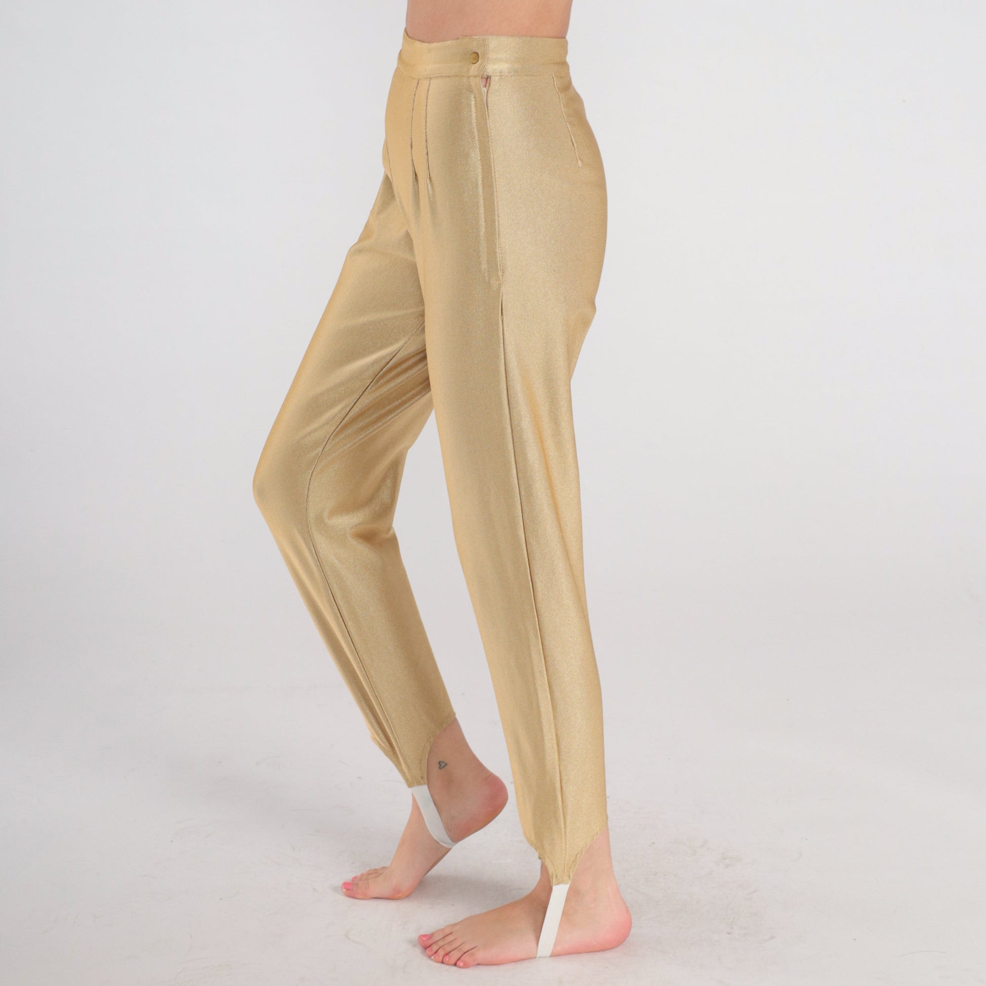 80s Gold Metallic Stirrup Pants High Waisted Tapered Trousers Extra Small