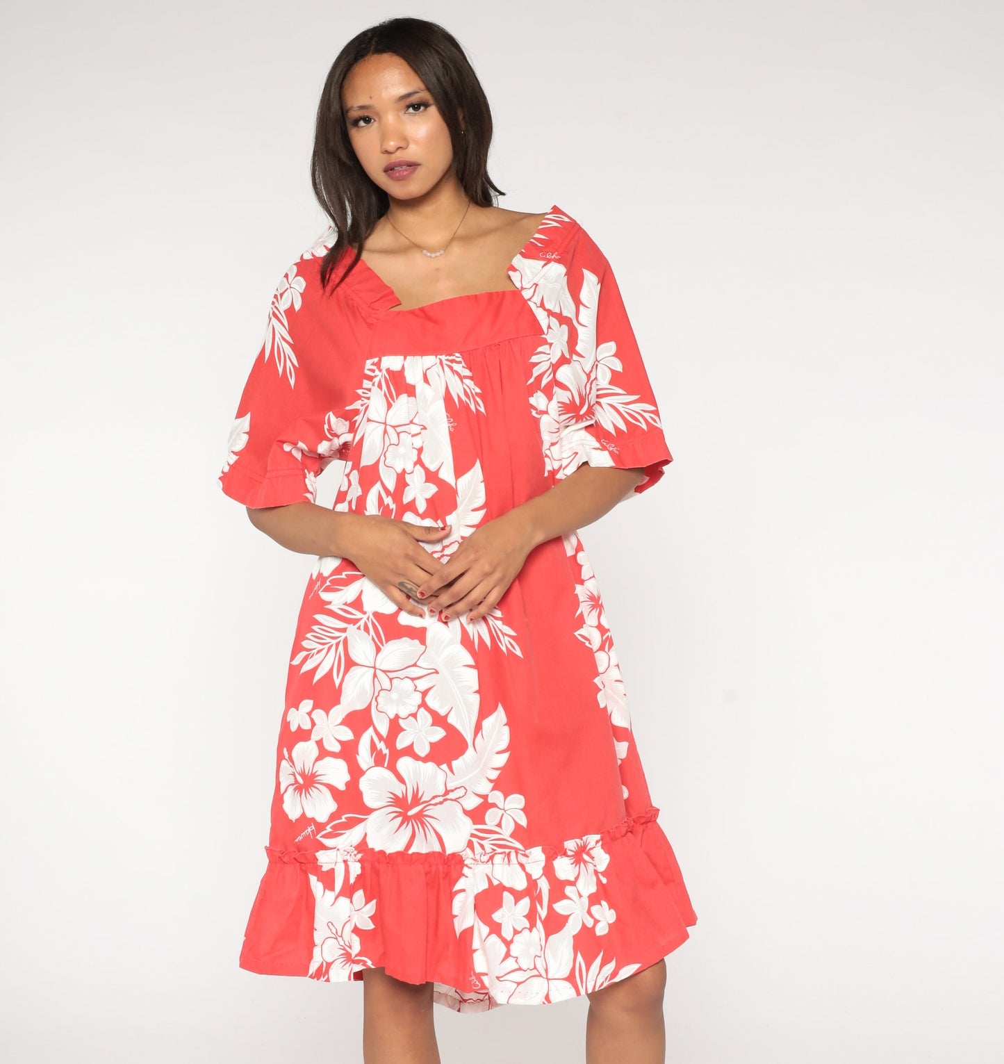 90s Hawaiian Floral Tent Dress Red Tropical Aloha Print Midi Medium