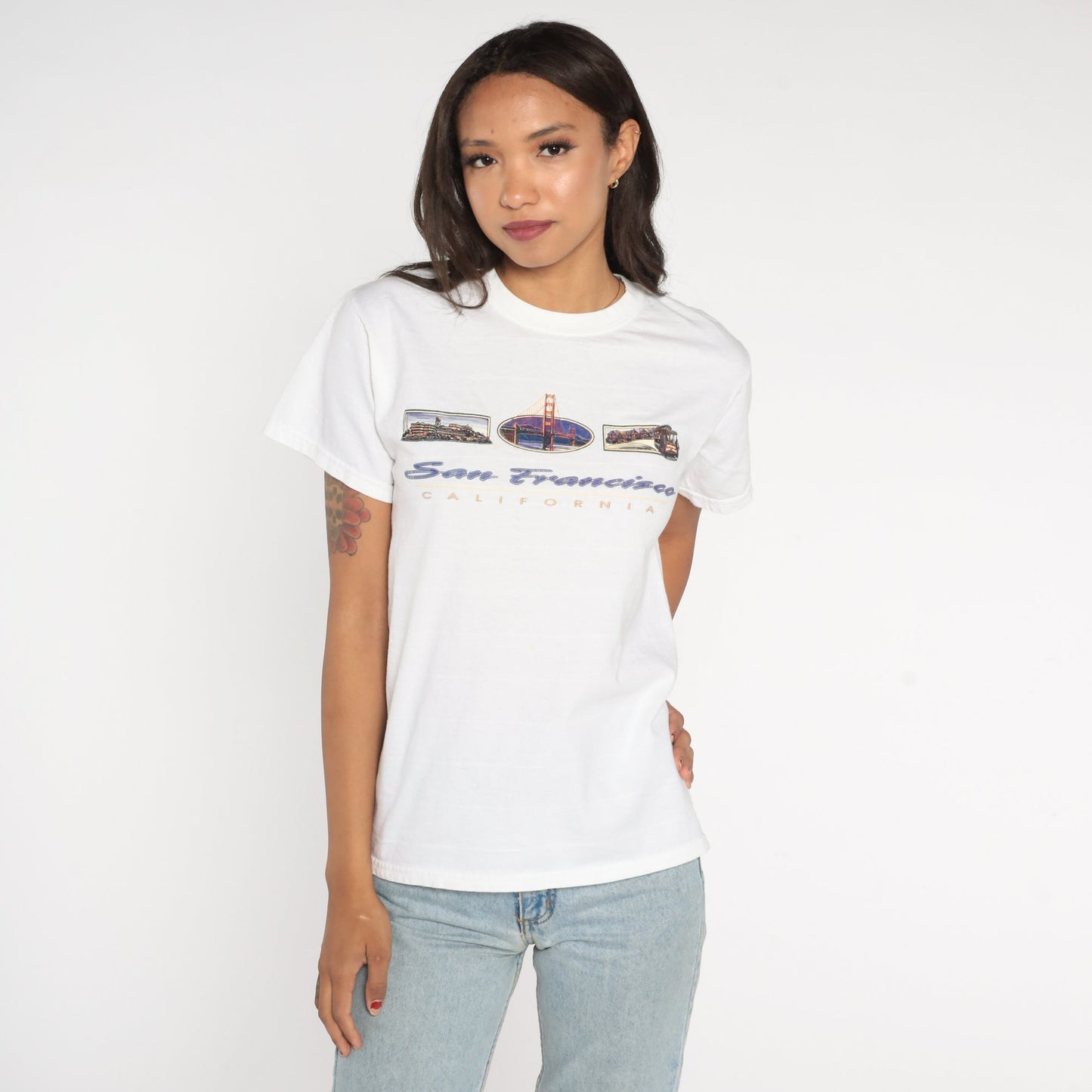 00s San Francisco Golden Gate Bridge Graphic T-Shirt White Cotton Small