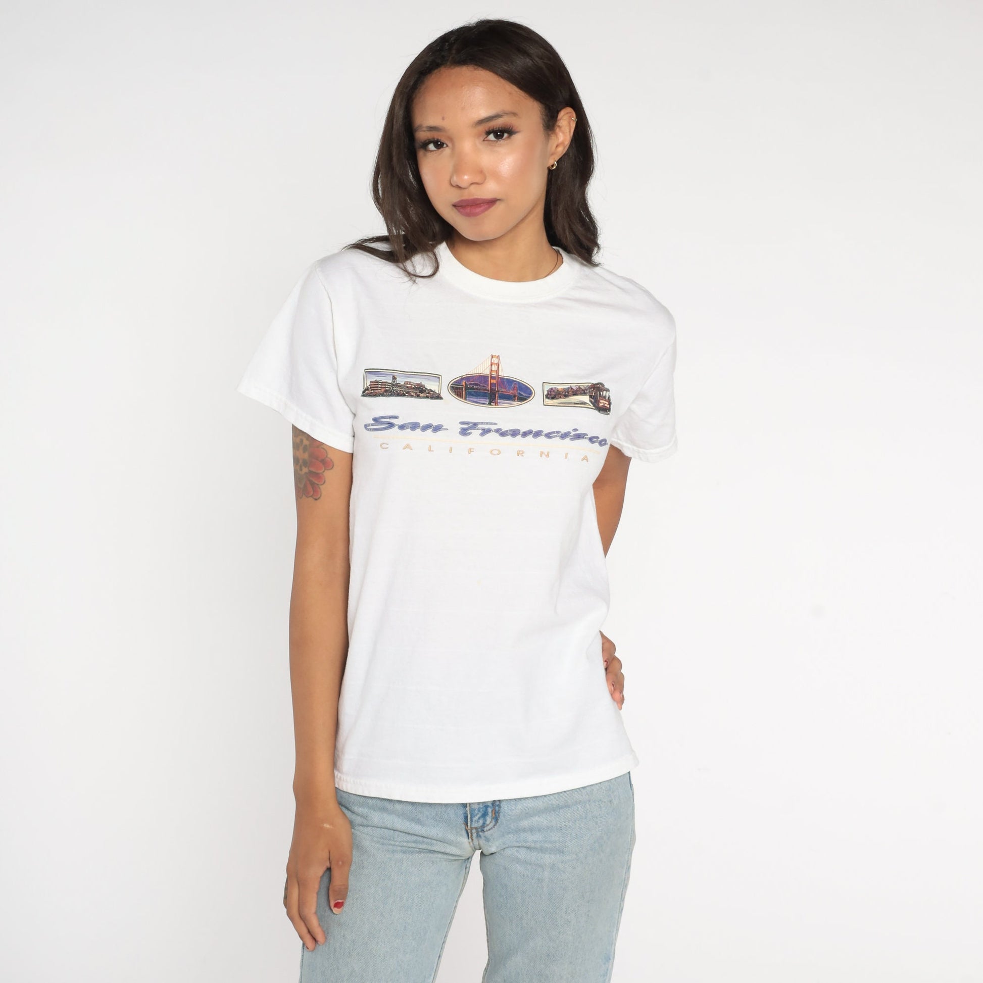 00s San Francisco Golden Gate Bridge Graphic T-Shirt White Cotton Small