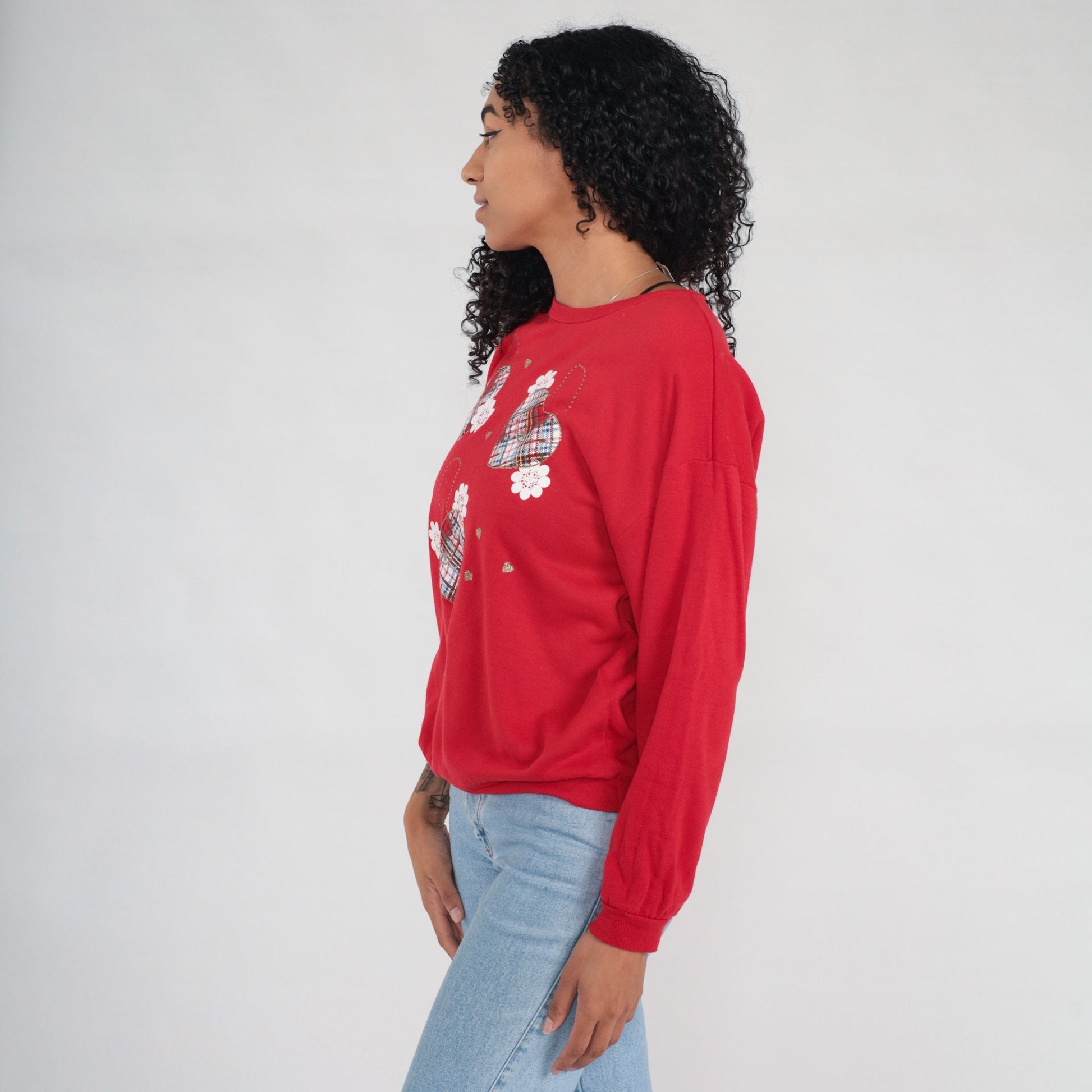 90s Red Plaid Heart Sweatshirt Gold Glitter Crewneck Pullover Medium