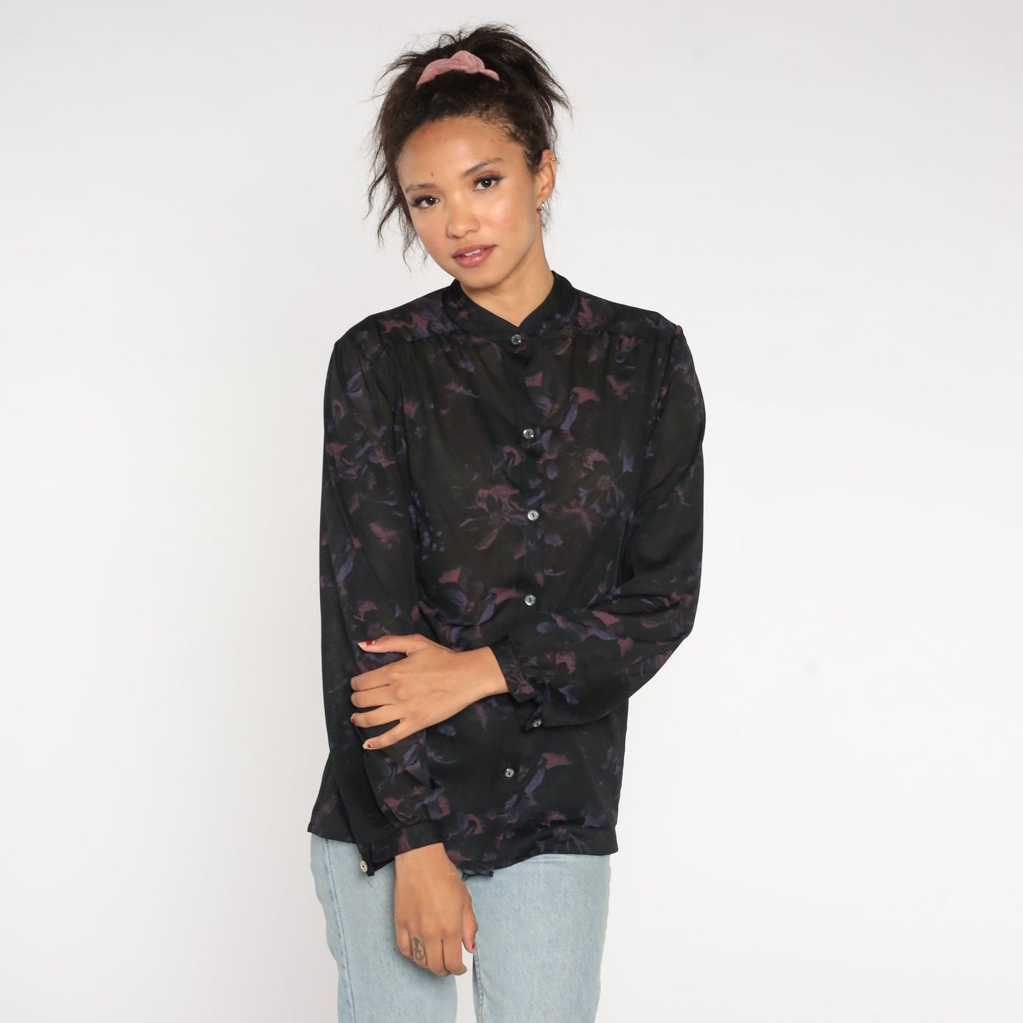 70s Black Floral Button-Up Blouse Long Sleeve Semi-Sheer Shirt Large