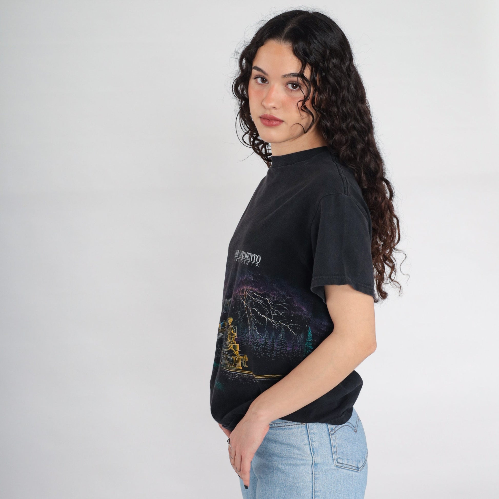 90s Train Shirt Old Sacramento Night Sky Full Moon Graphic Tee Black Medium