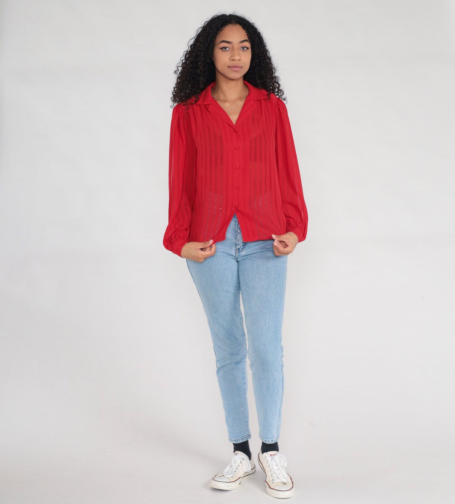 80s Red Striped Puff Sleeve Button-Up Blouse Semi-Sheer Long Sleeve Medium Large