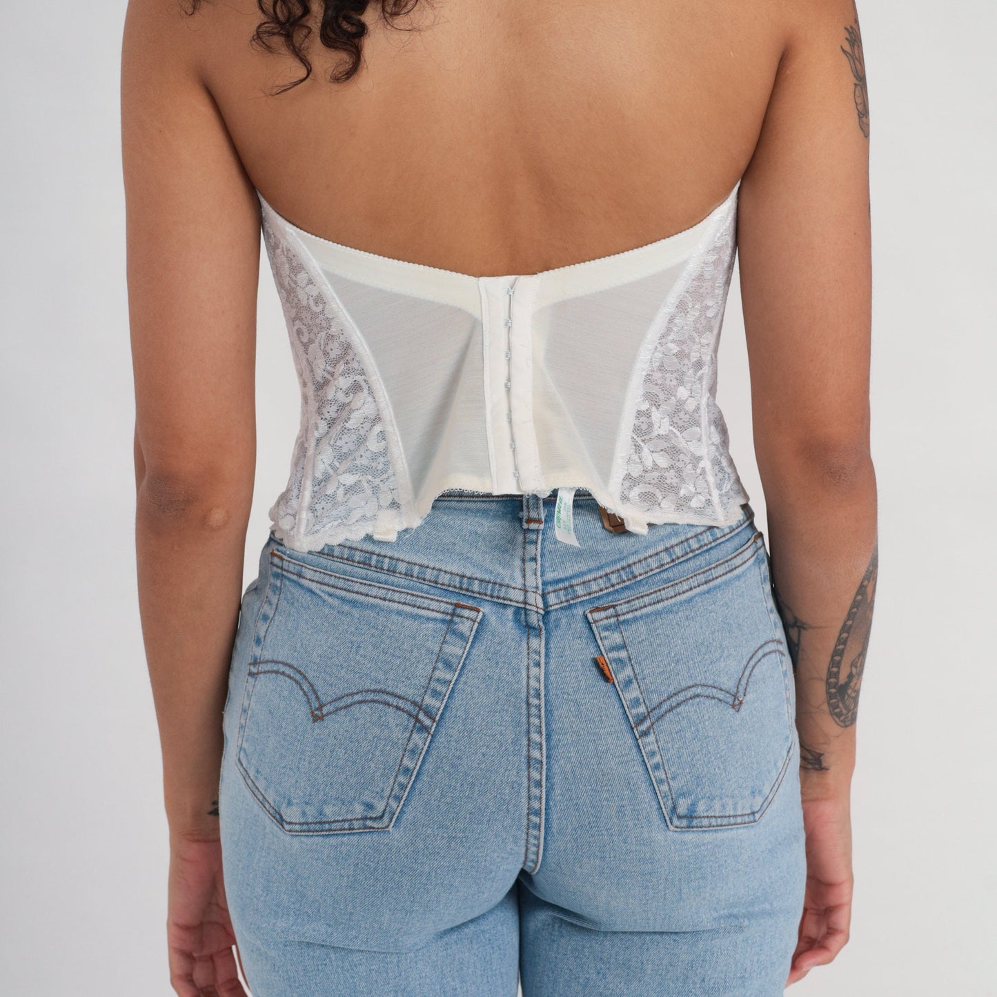 80s White Floral Lace Bustier Corset Boned Strapless Sweetheart 36B