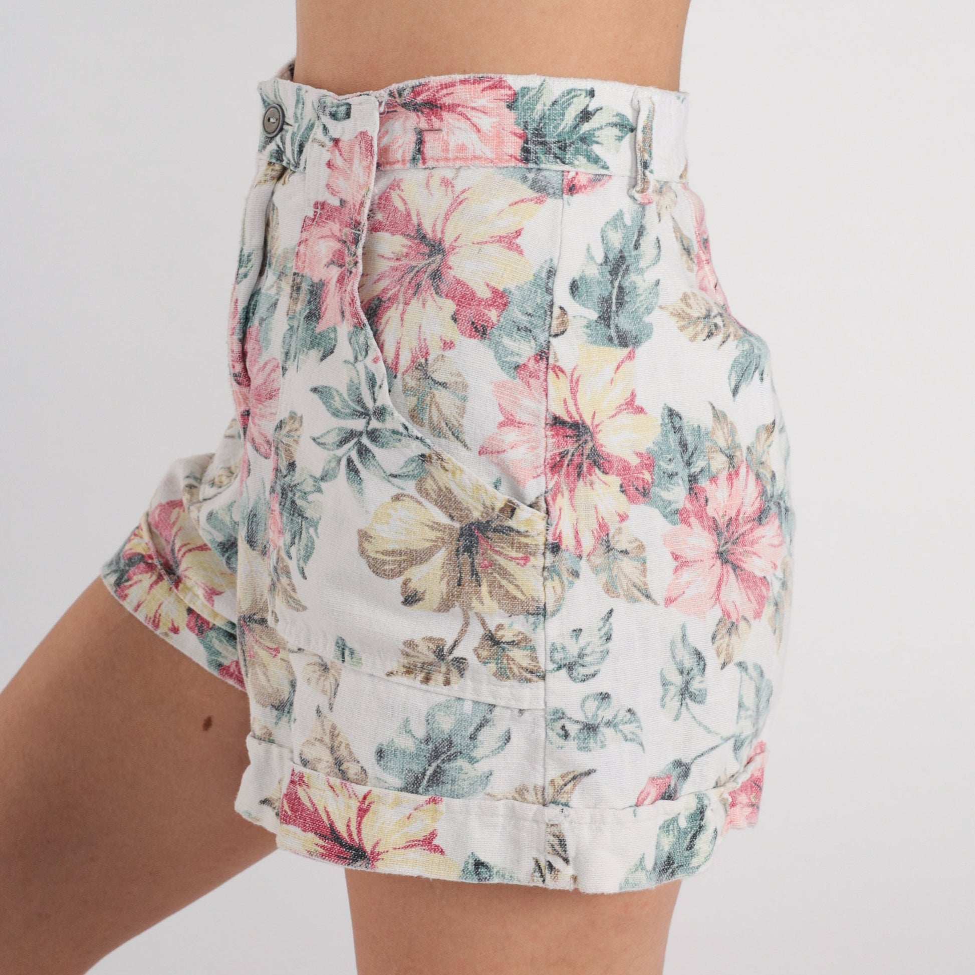 90s White Floral High-Waisted Shorts Cotton Linen Pockets Extra Small