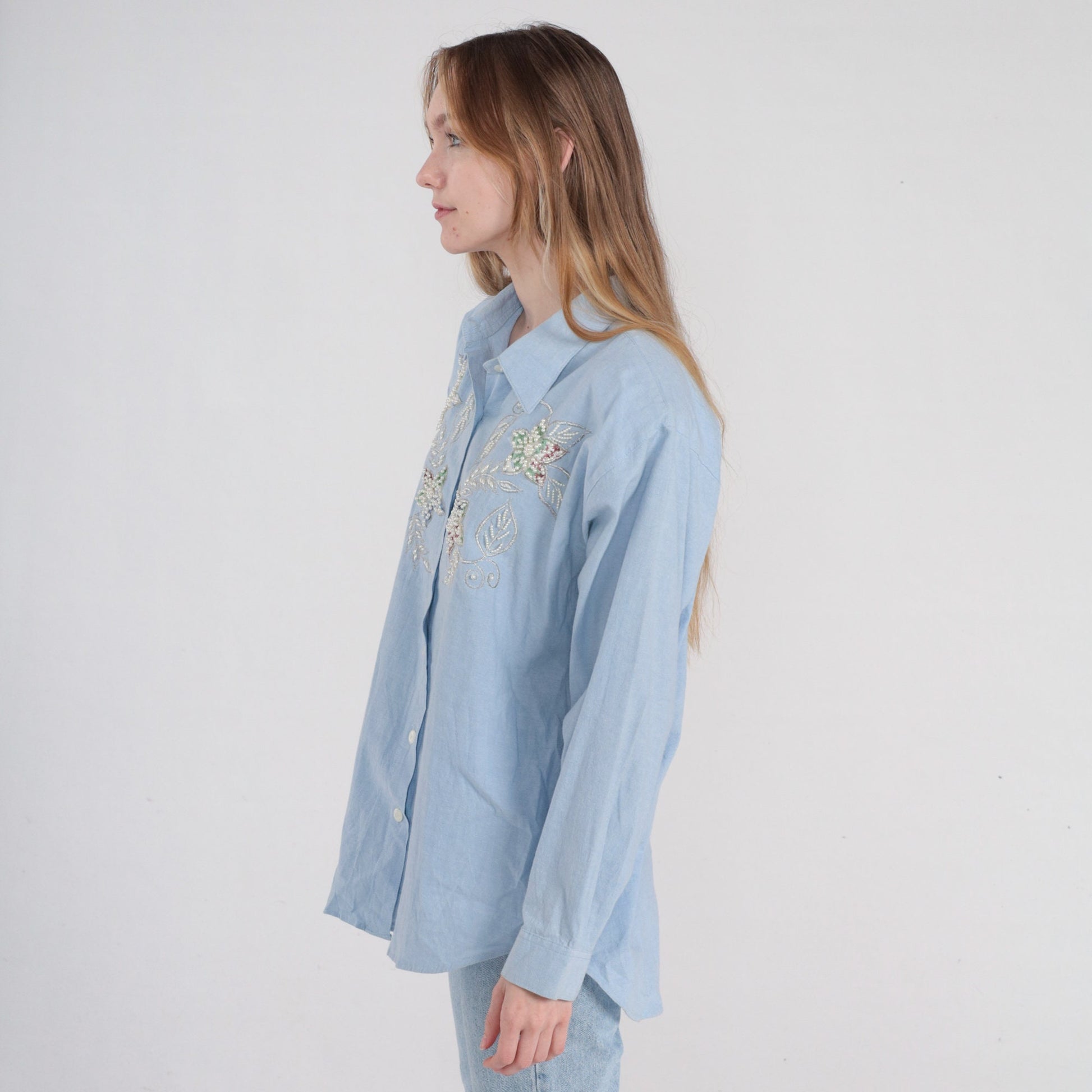 90s Bobbie Brooks Light Blue Pearl Beaded Floral Button-Up Blouse Medium