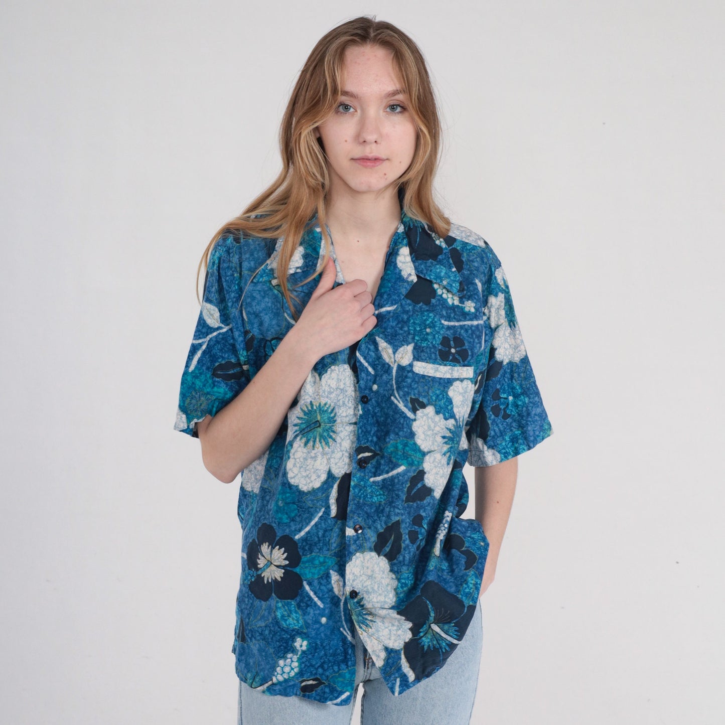 90s Blue Hawaiian Shirt Tropical Floral Leaf Print Cotton Button Up Large