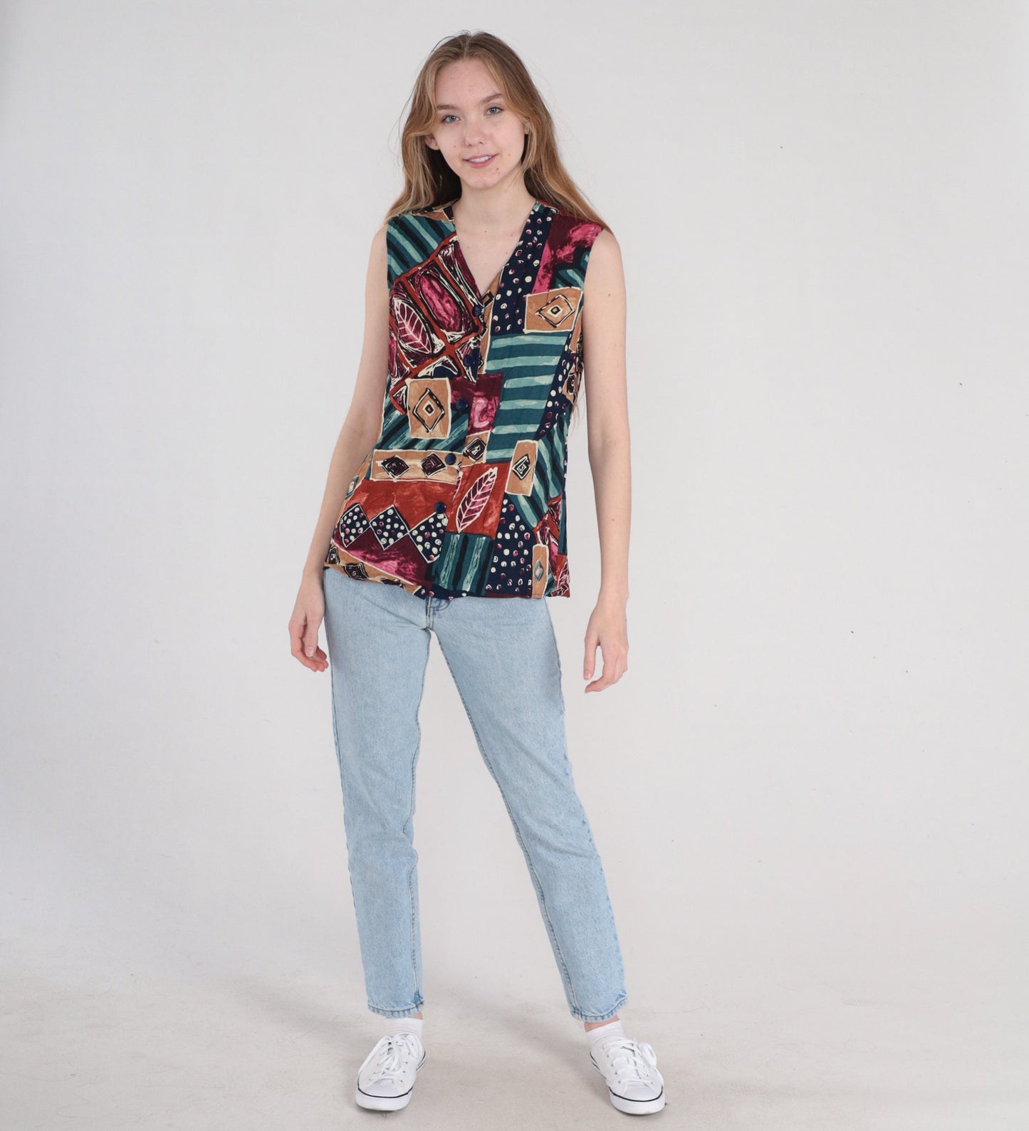 90s Abstract Print Button-Up Tank Top Sleeveless Blouse Medium