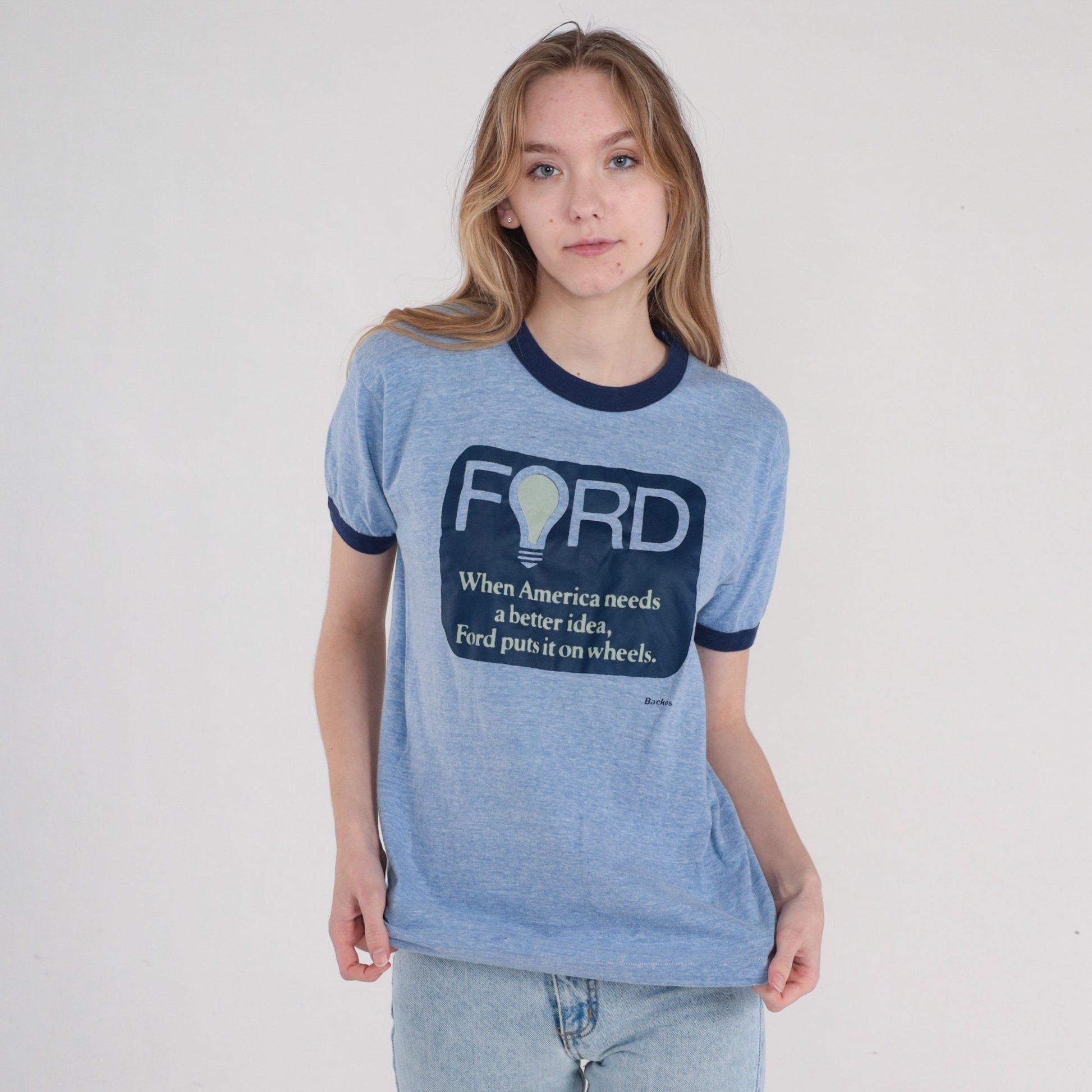 80s Ford Graphic Ringer Tee Blue Single Stitch Medium