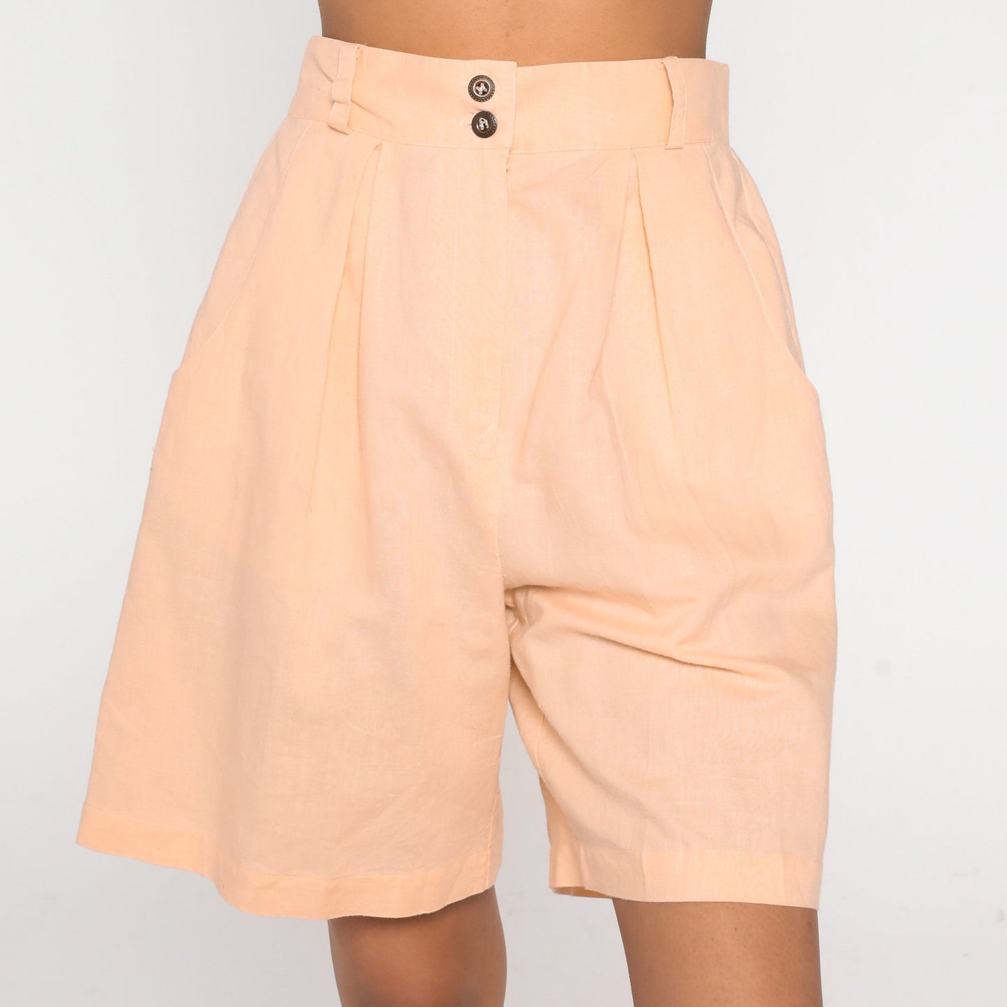 90s Light Peach Pleated High-Waist Shorts Cotton Blend Medium