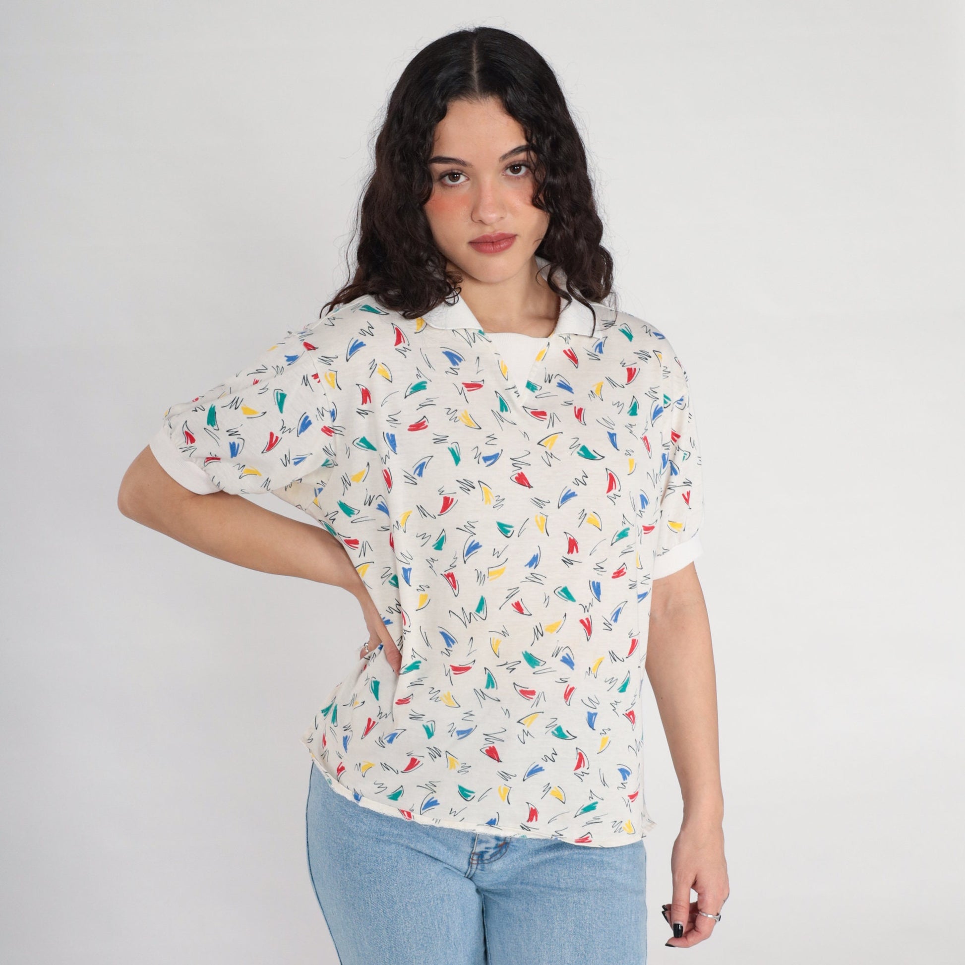 80s Squiggle Print Geometric Collared Shirt White Cotton Blend Large L