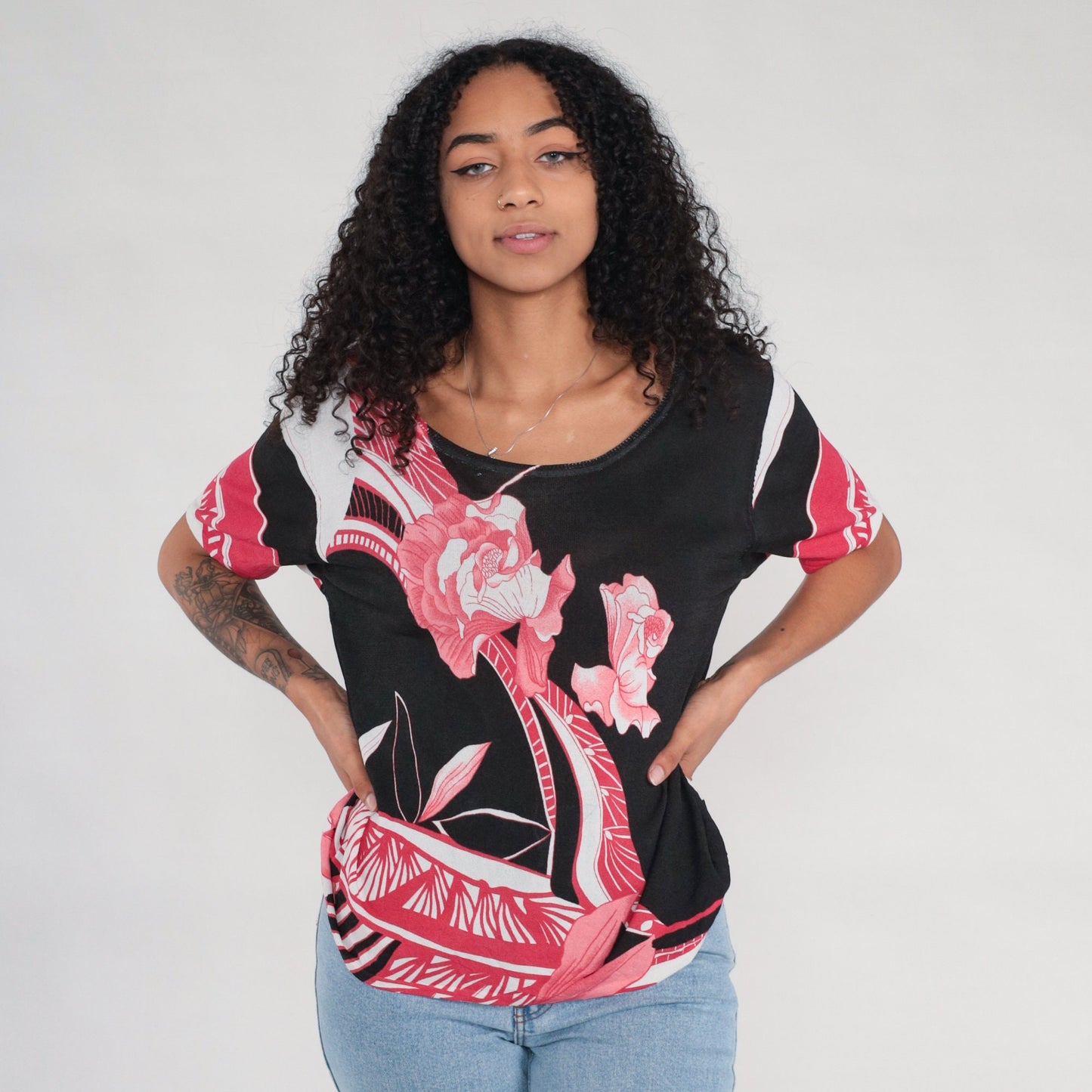 Y2K Floral Knit Shirt Black Pink Abstract Short Sleeve Extra Large