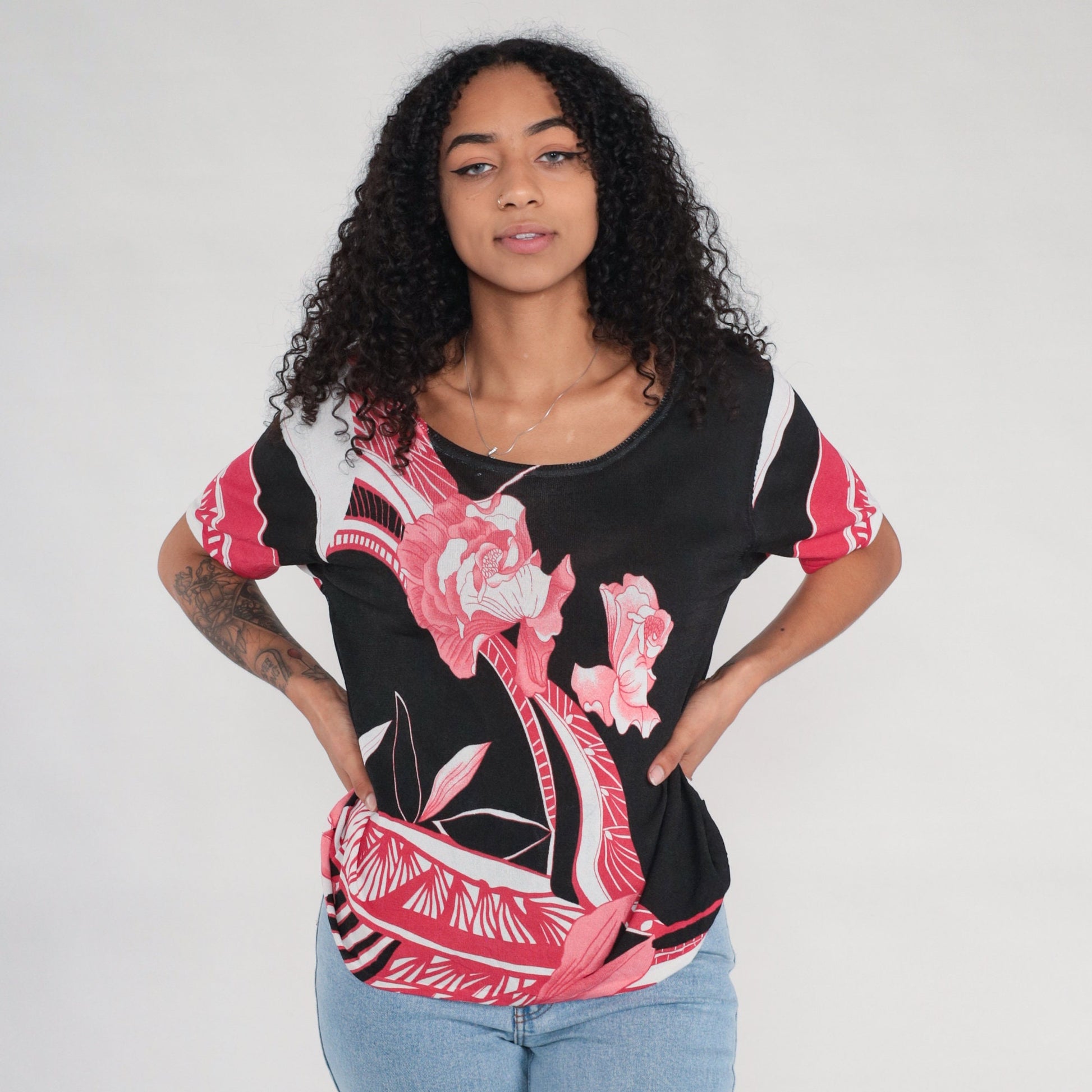 Y2K Floral Knit Shirt Black Pink Abstract Short Sleeve Extra Large