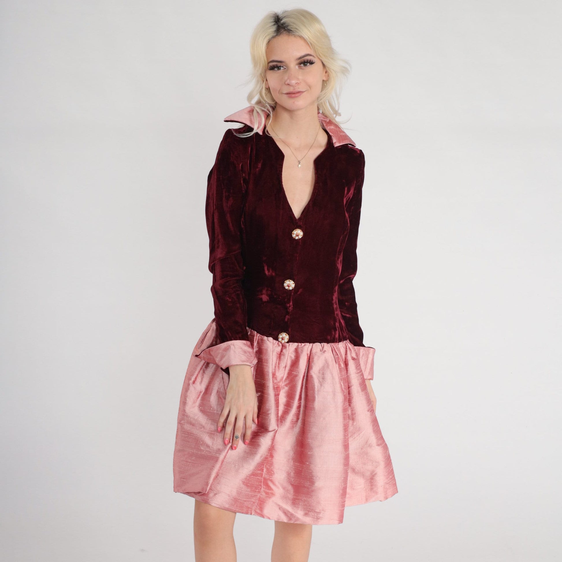 60s Red Velvet Pink Mini Dress Drop Waist Collared Long Sleeve Small S